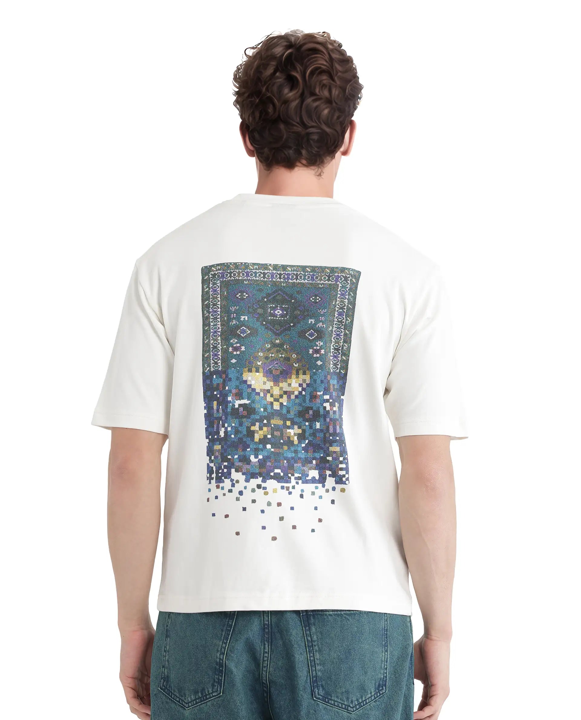 Rare Rabbit Men Jino Off White Cotton Fabric Short Sleeve Crew Neck Qlo Fit Graphic Print T-Shirt