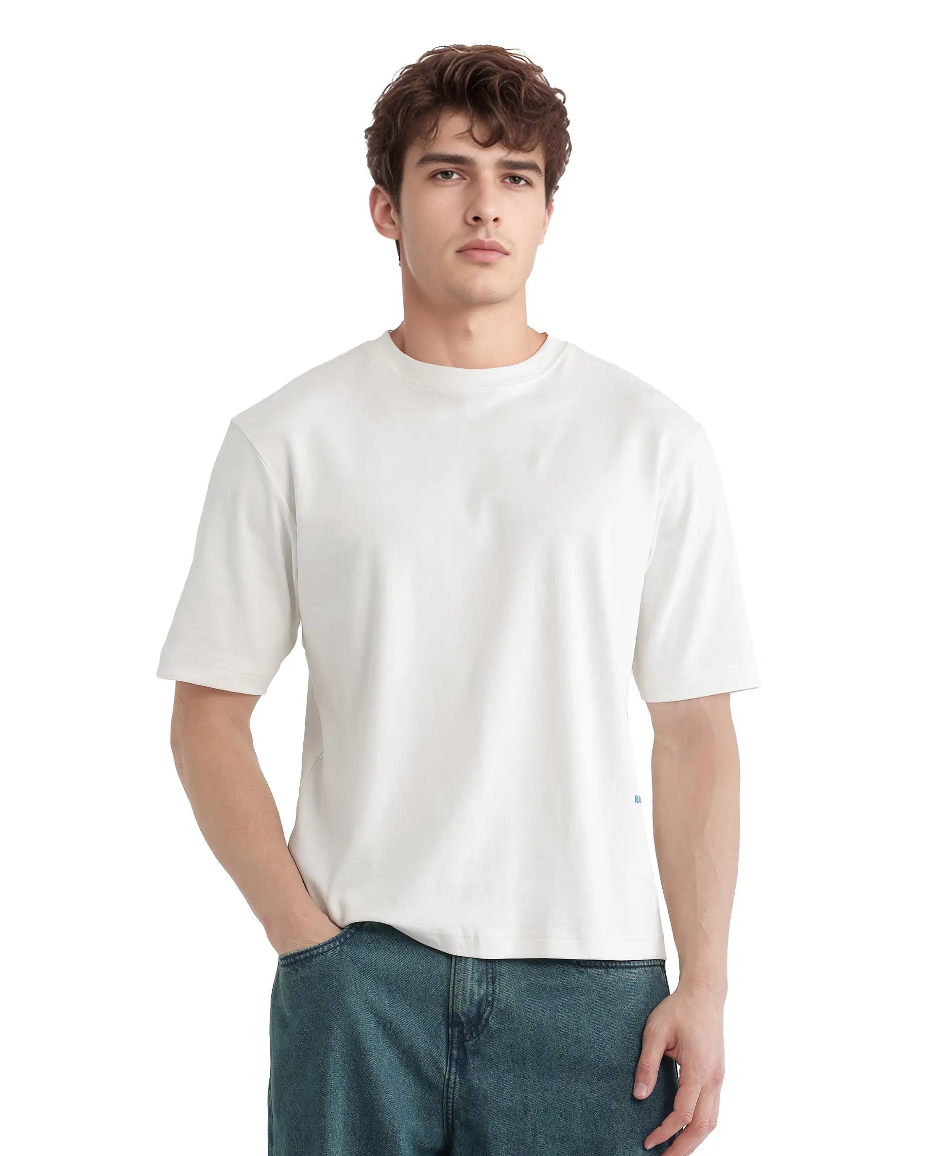 Rare Rabbit Men Jino Off White Cotton Fabric Short Sleeve Crew Neck Qlo Fit Graphic Print T-Shirt