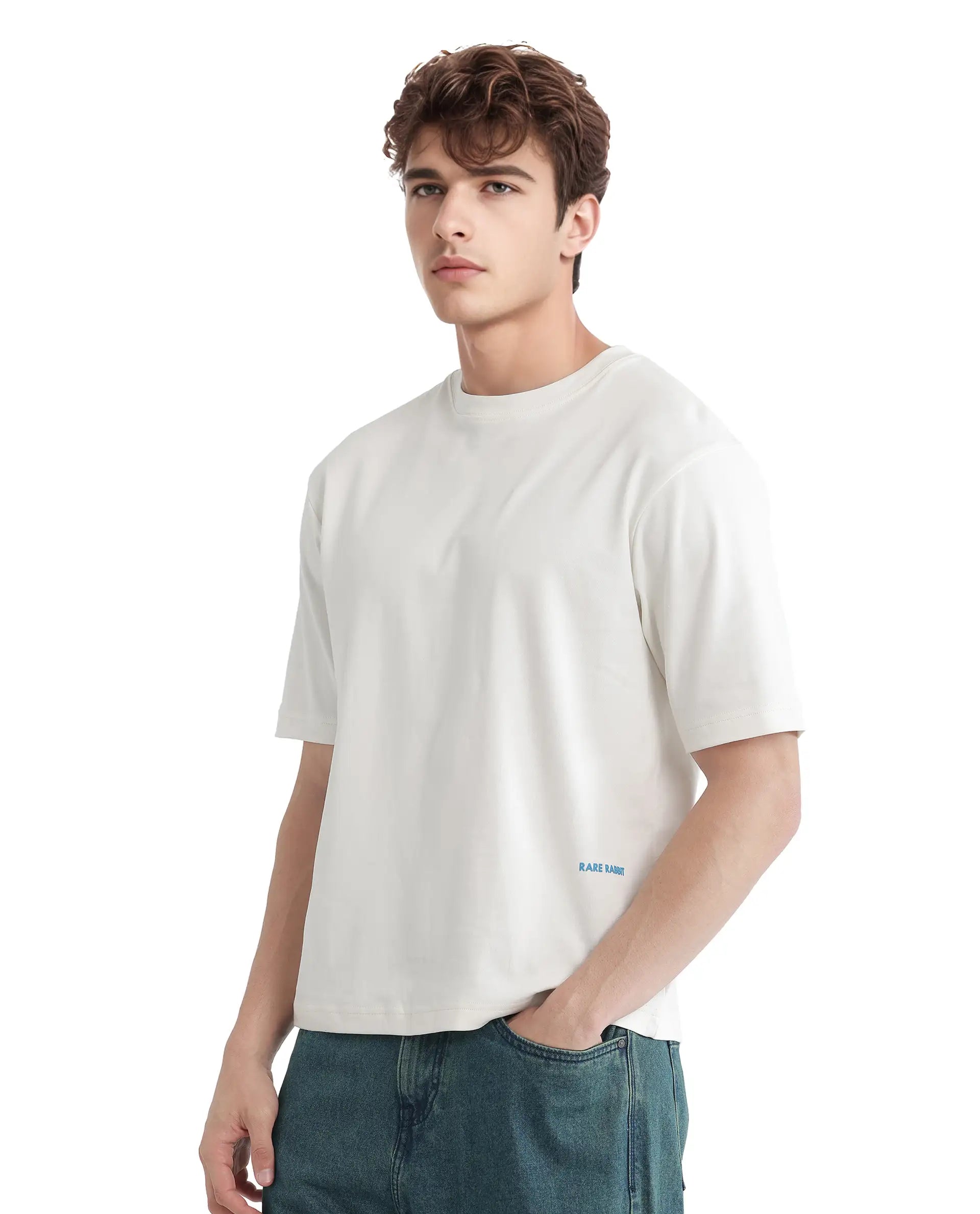 Rare Rabbit Men Jino Off White Cotton Fabric Short Sleeve Crew Neck Qlo Fit Graphic Print T-Shirt
