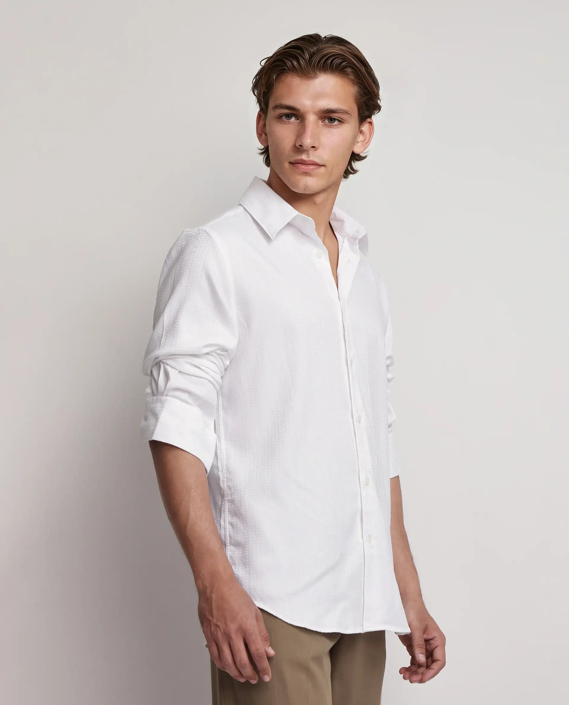 Rare Rabbit Men's Jin White Cotton Fabric Full Sleeve Regular Collared Button Closure Regular Collar Dobby Shirt