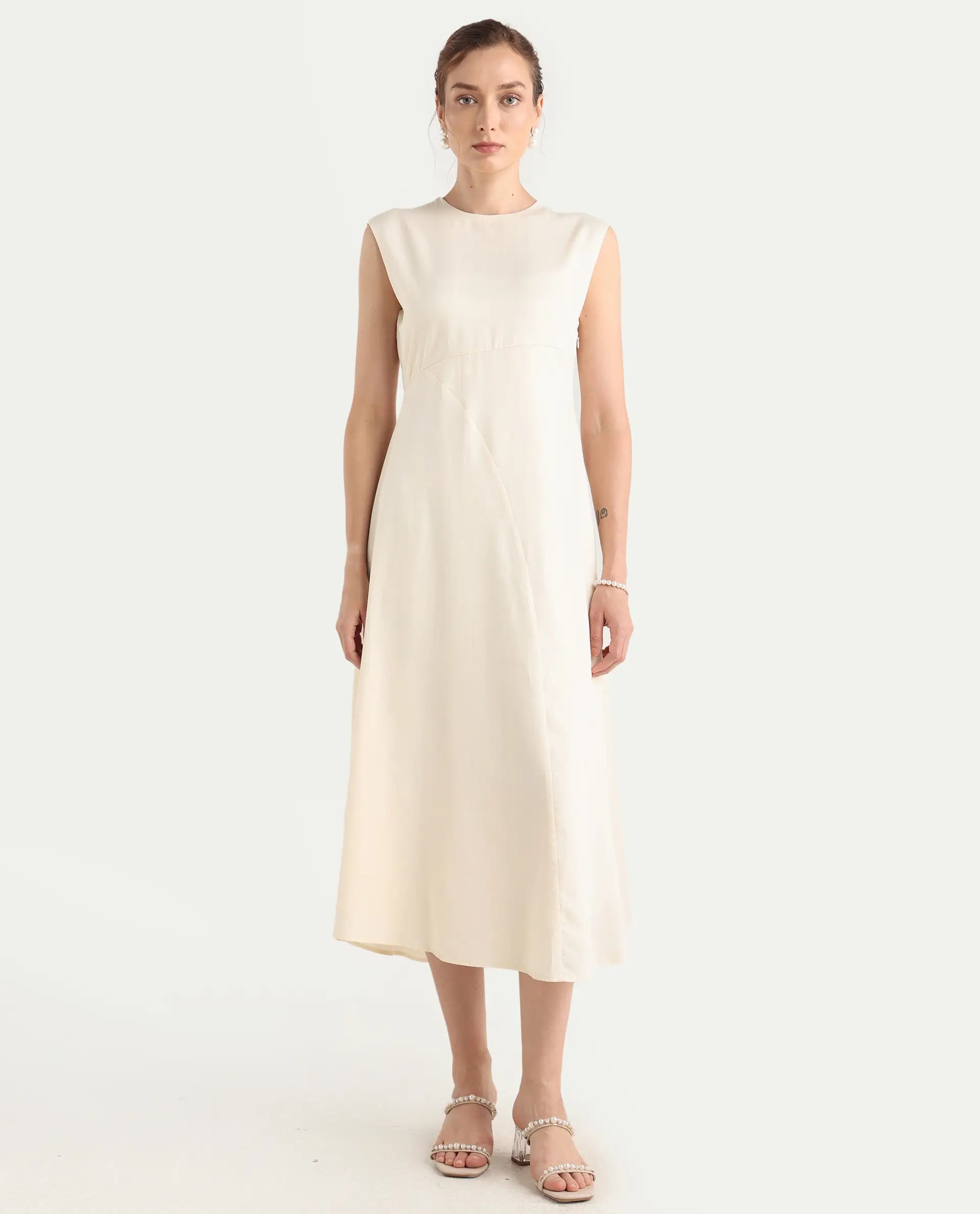 Rareism Women's Jio Off-White Cotton Blend Plain Fit And Flare Dress