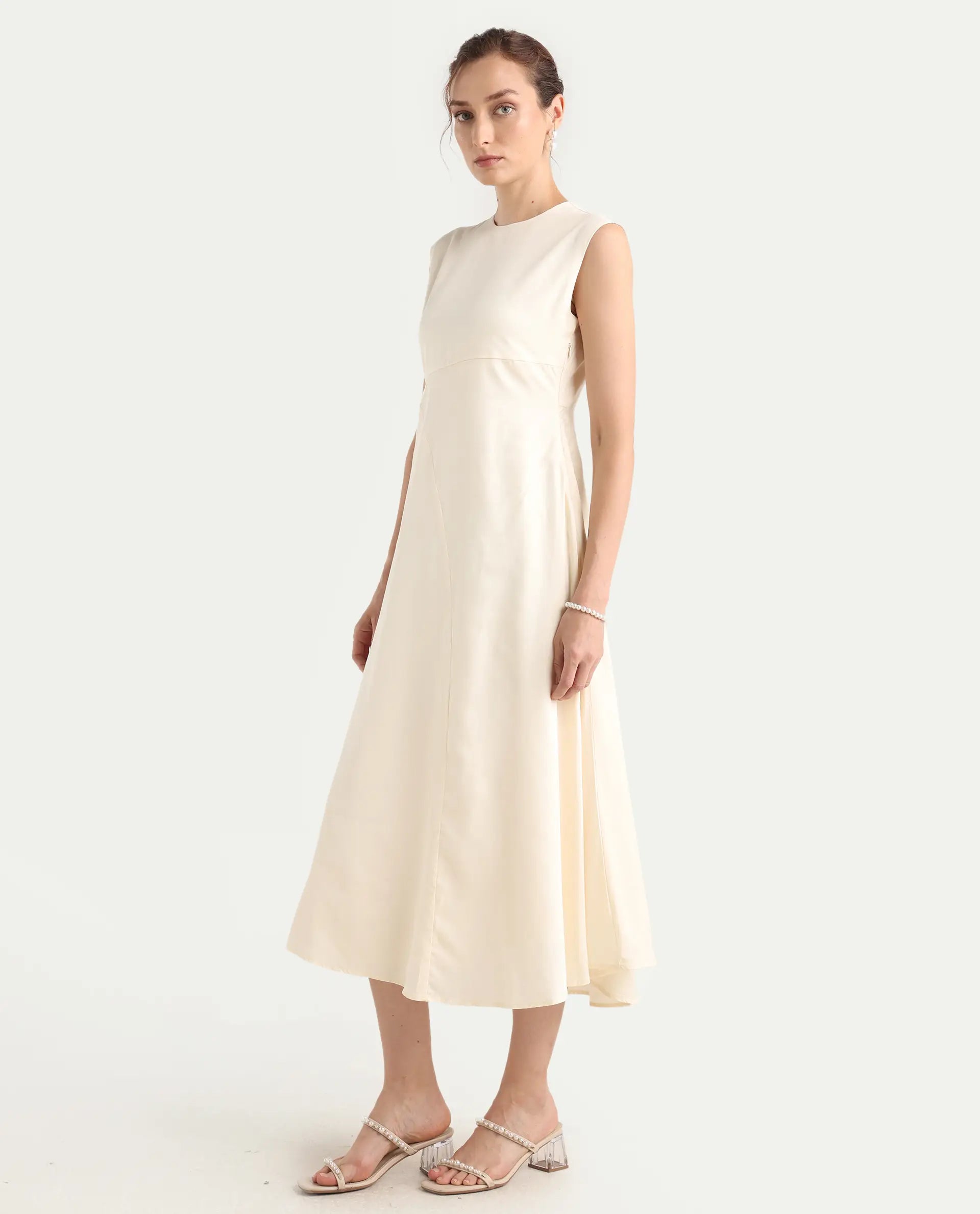 Rareism Women's Jio Off-White Cotton Blend Plain Fit And Flare Dress