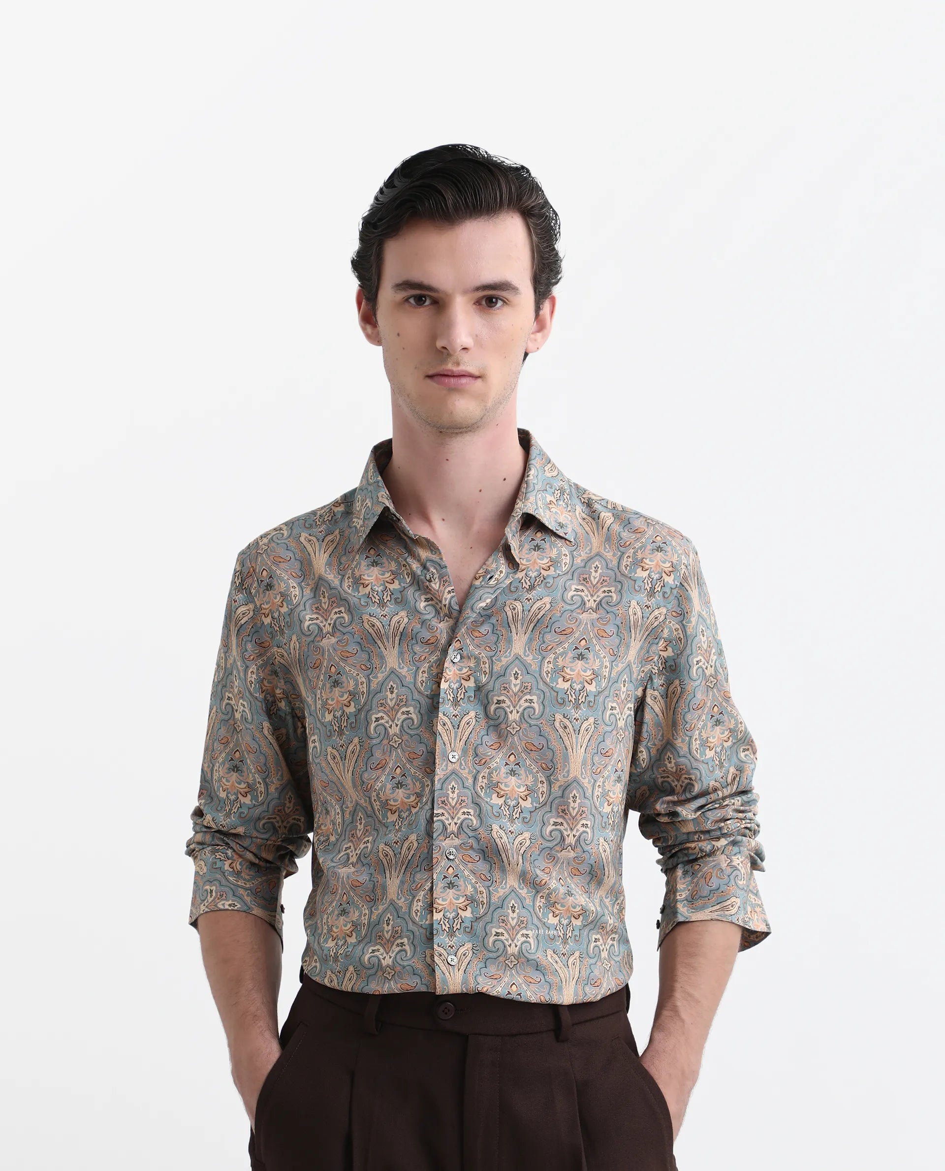 Rare Rabbit Men's Jirla Dusky Blue Viscose Paisley Print Regular Fit Full Sleeve Collared Shirt