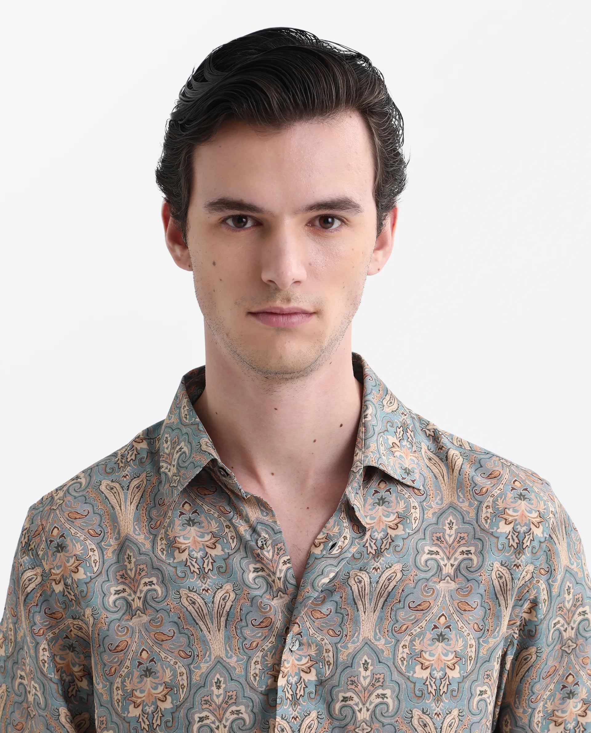 Rare Rabbit Men's Jirla Dusky Blue Viscose Paisley Print Regular Fit Full Sleeve Collared Shirt