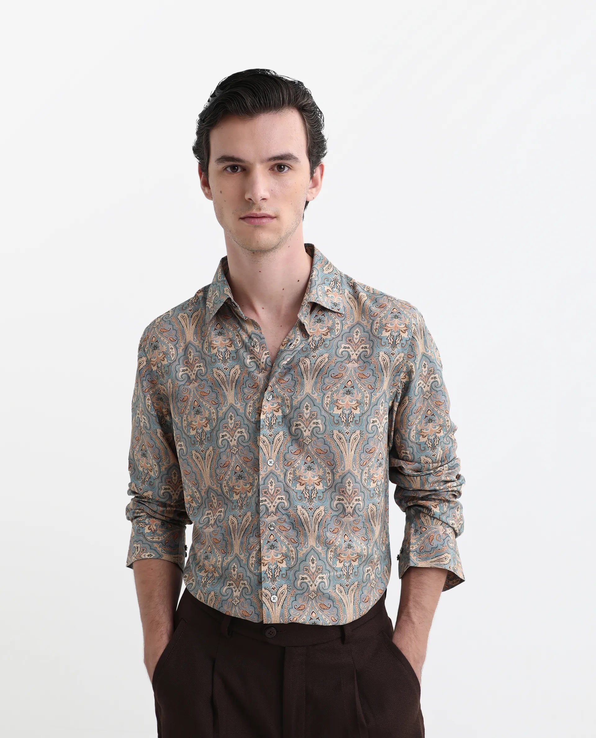 Rare Rabbit Men's Jirla Dusky Blue Viscose Paisley Print Regular Fit Full Sleeve Collared Shirt