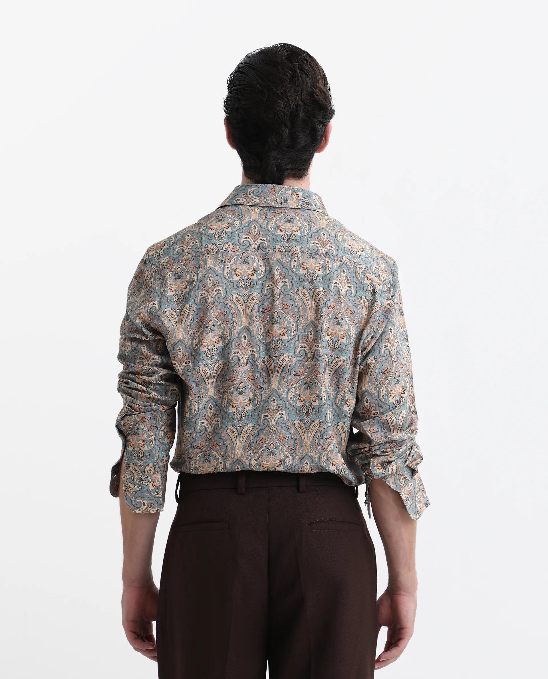 Rare Rabbit Men's Jirla Dusky Blue Viscose Paisley Print Regular Fit Full Sleeve Collared Shirt