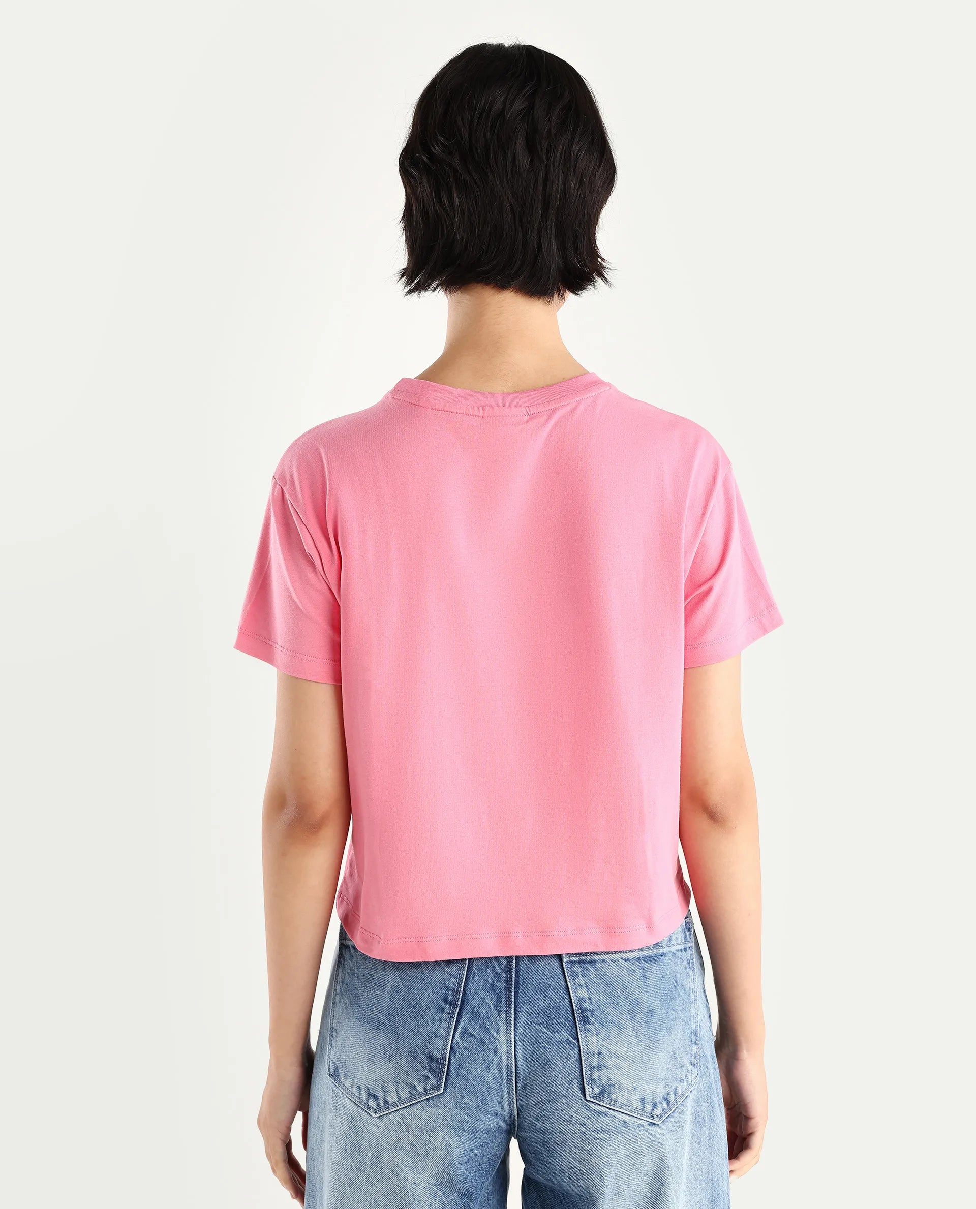 Rareism Women's Jiver Light Pink Cotton Blend Crew Neck Graphic Print Crop Relaxed Fit T-Shirt