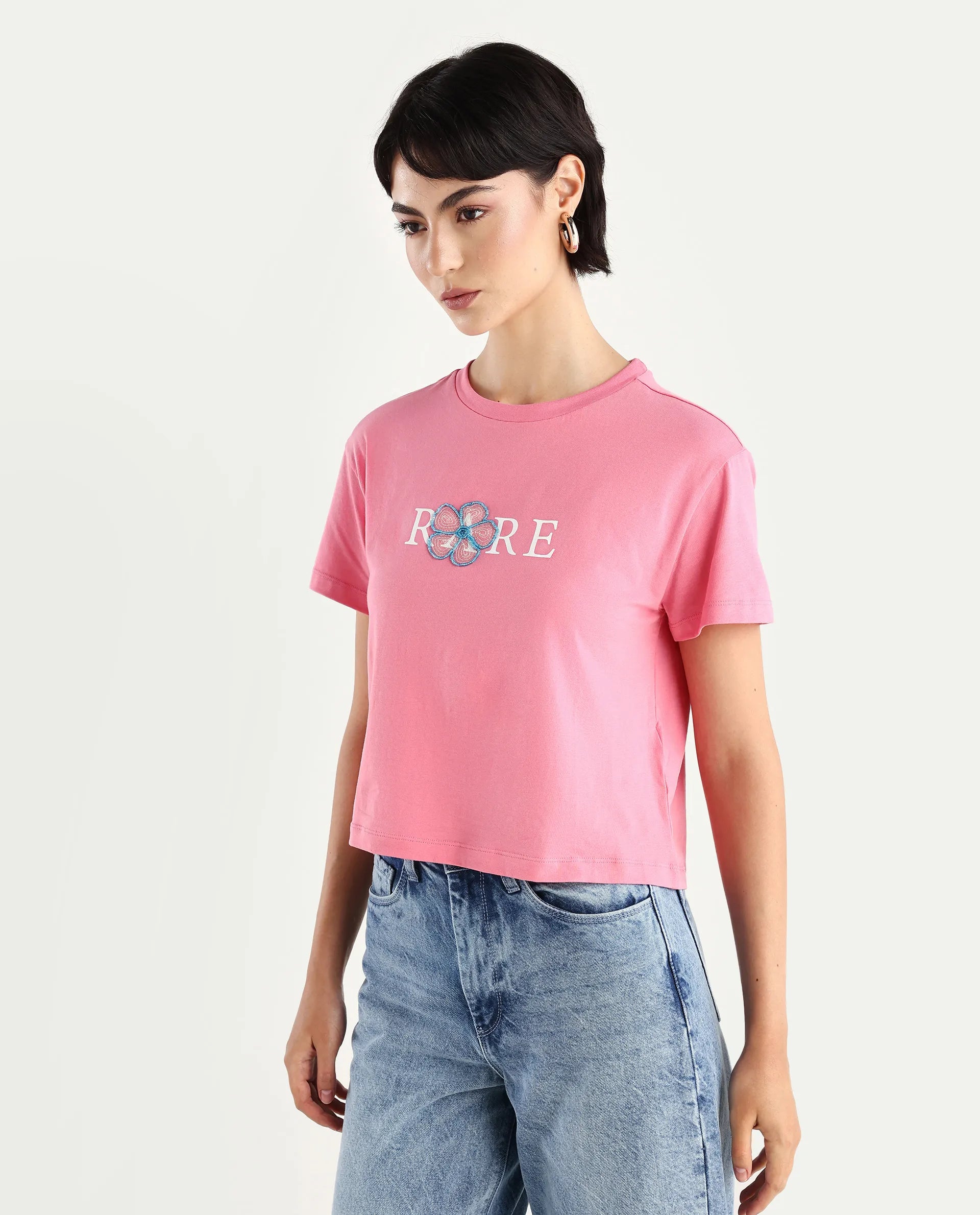 Rareism Women's Jiver Light Pink Cotton Blend Crew Neck Graphic Print Crop Relaxed Fit T-Shirt