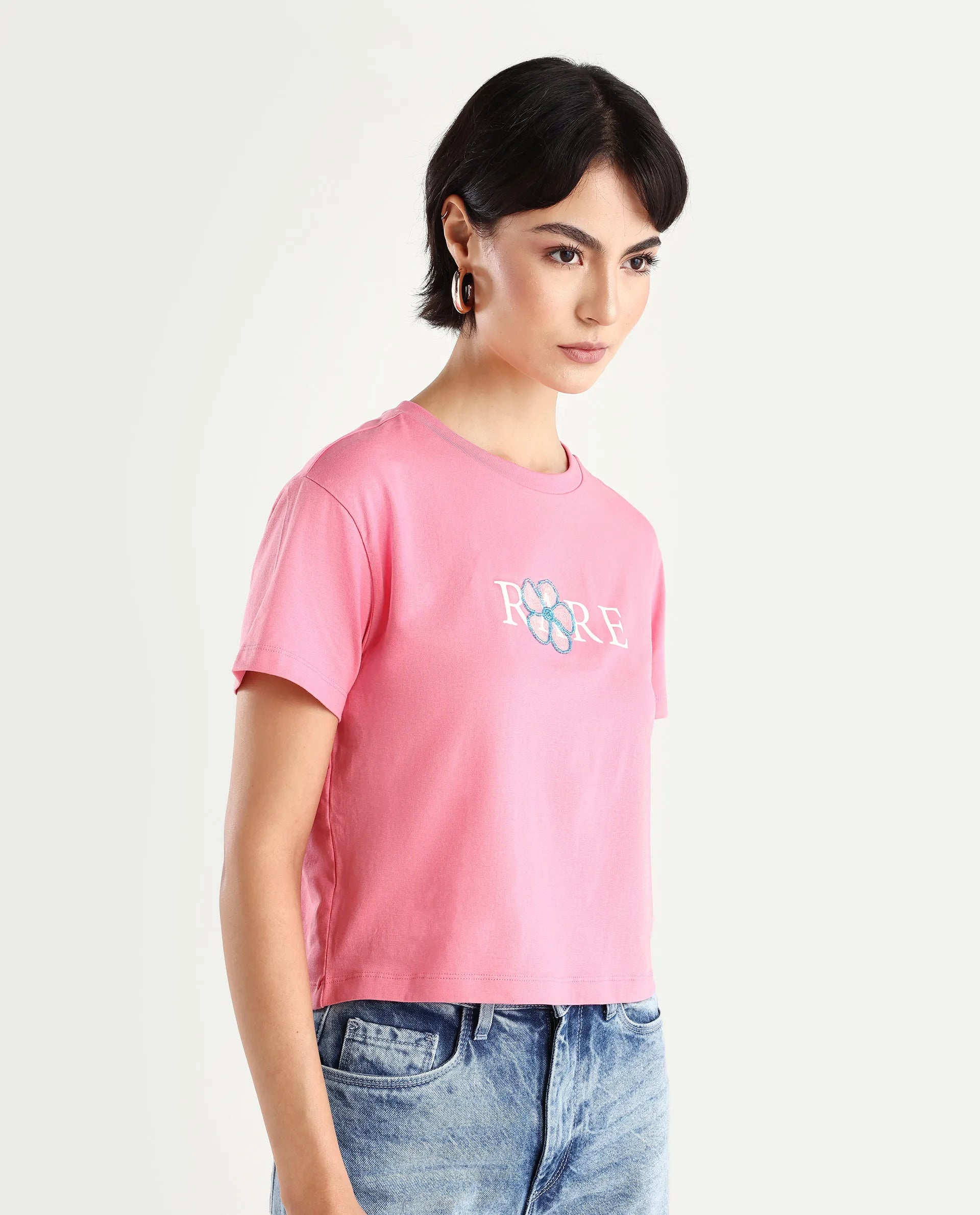 Rareism Women's Jiver Light Pink Cotton Blend Crew Neck Graphic Print Crop Relaxed Fit T-Shirt