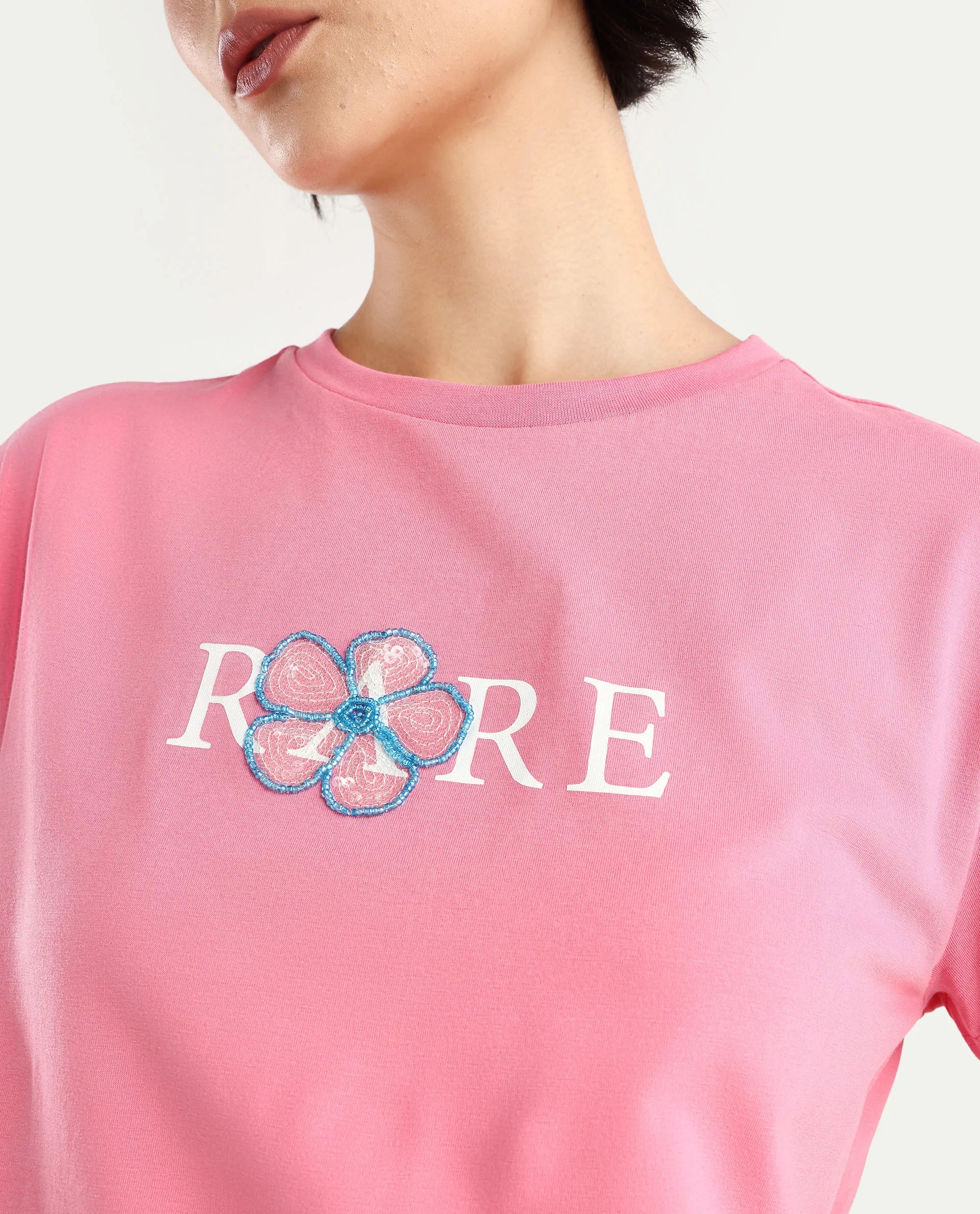 Rareism Women's Jiver Light Pink Cotton Blend Crew Neck Graphic Print Crop Relaxed Fit T-Shirt