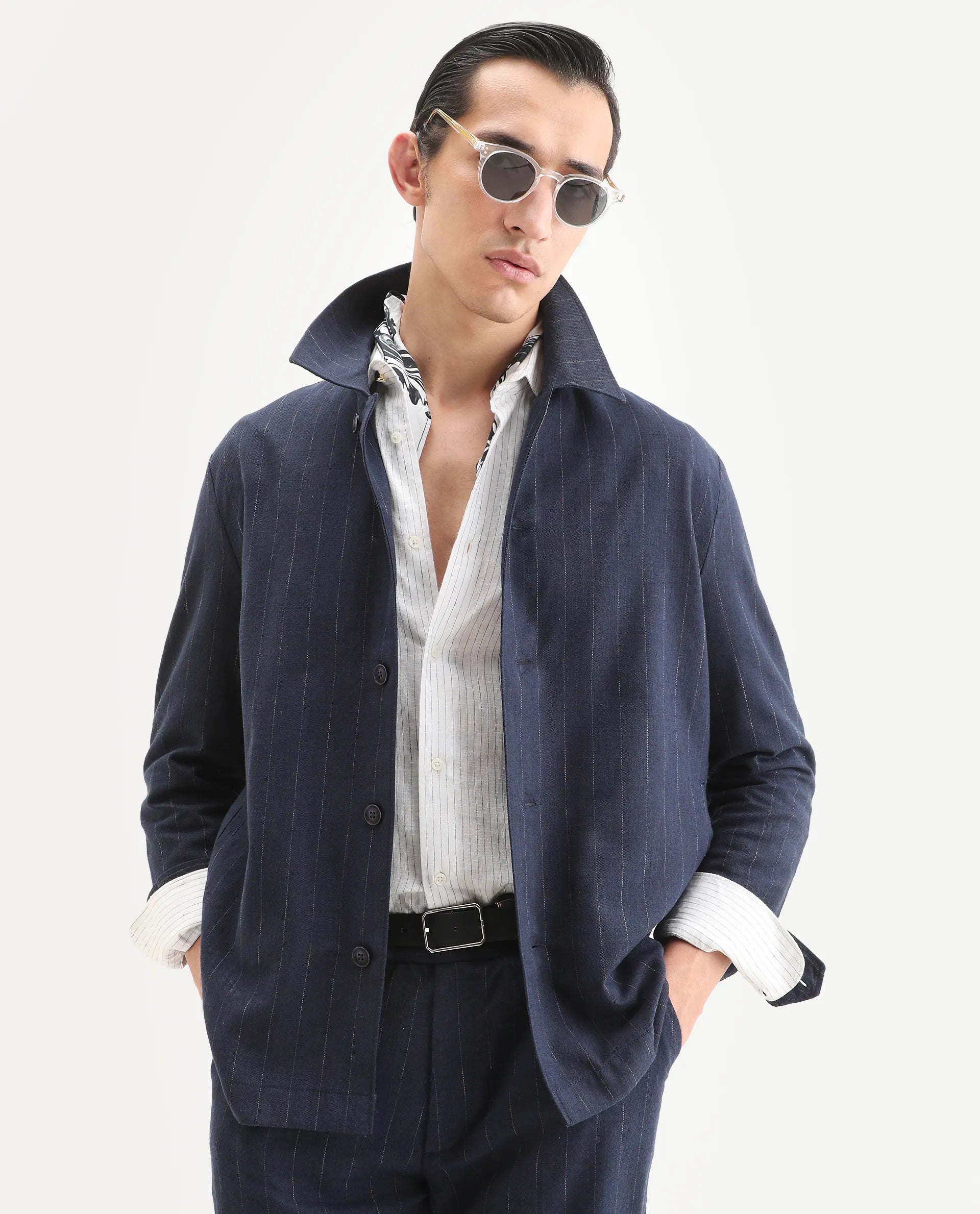 Rare Rabbit Men's Jlo-T Blue Linen Blend Fabric Full Sleeve Collared Neck Regular Fit Striped Shirt