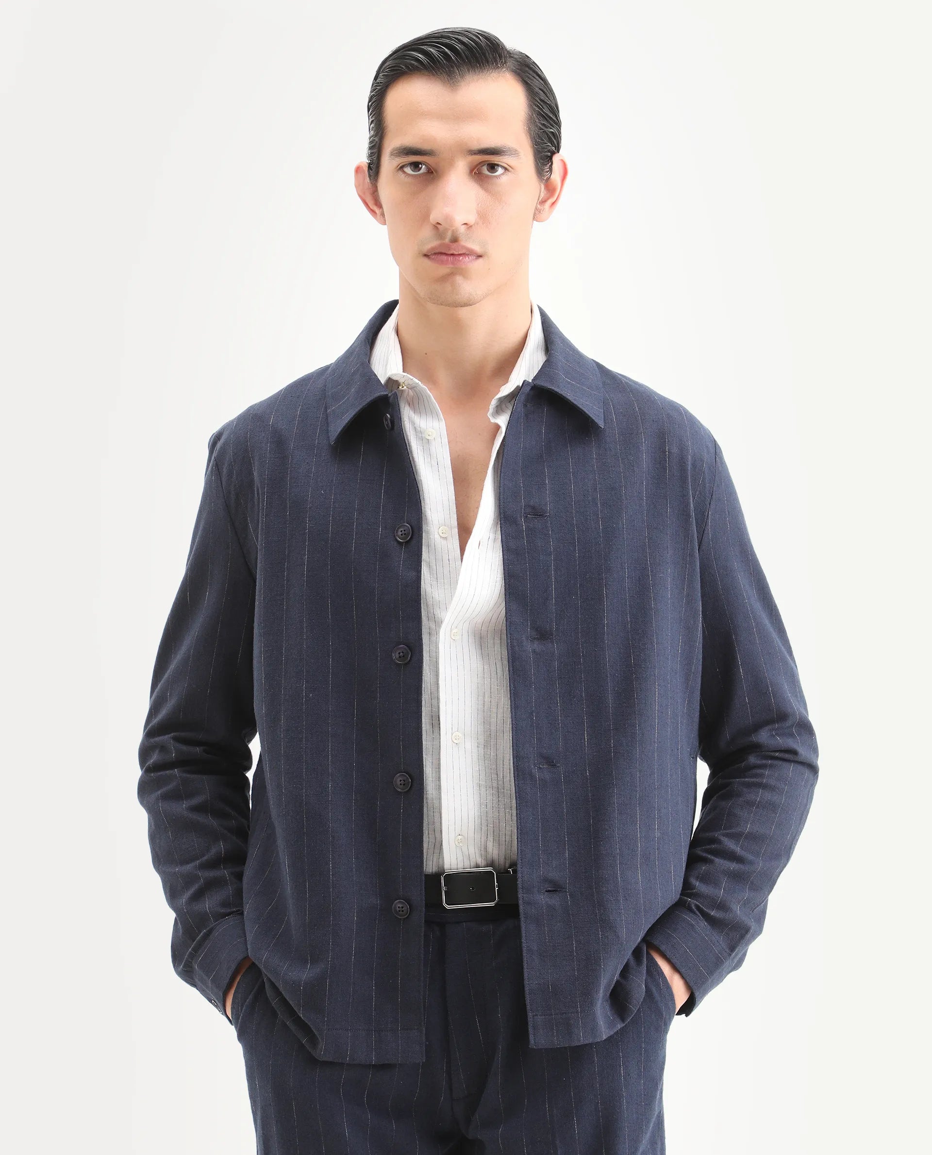 Rare Rabbit Men's Jlo-T Blue Linen Blend Fabric Full Sleeve Collared Neck Regular Fit Striped Shirt