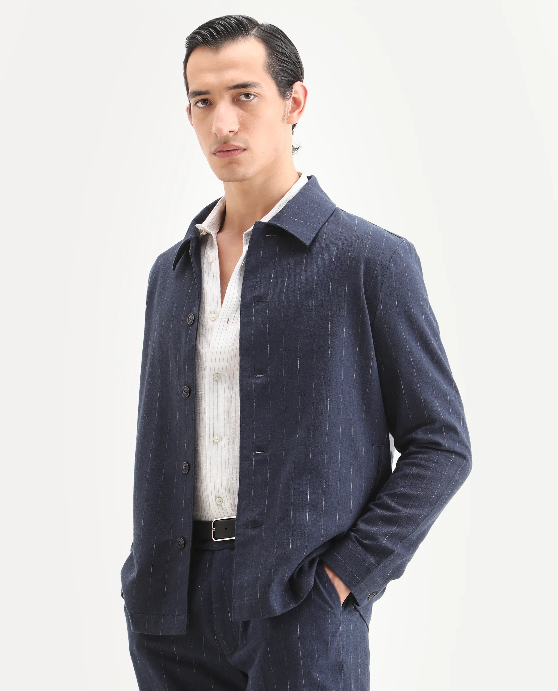 Rare Rabbit Men's Jlo-T Blue Linen Blend Fabric Full Sleeve Collared Neck Regular Fit Striped Shirt