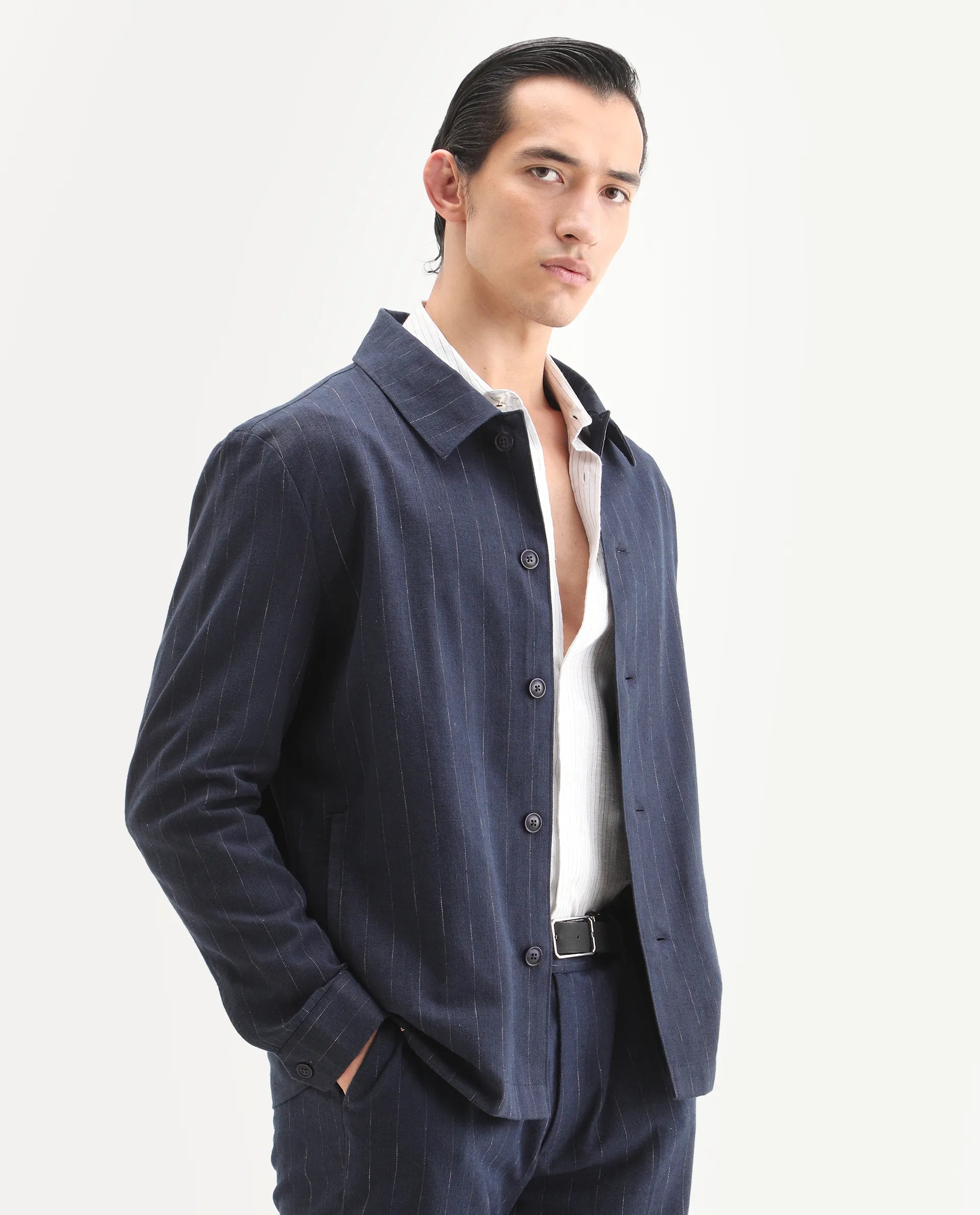Rare Rabbit Men's Jlo-T Blue Linen Blend Fabric Full Sleeve Collared Neck Regular Fit Striped Shirt