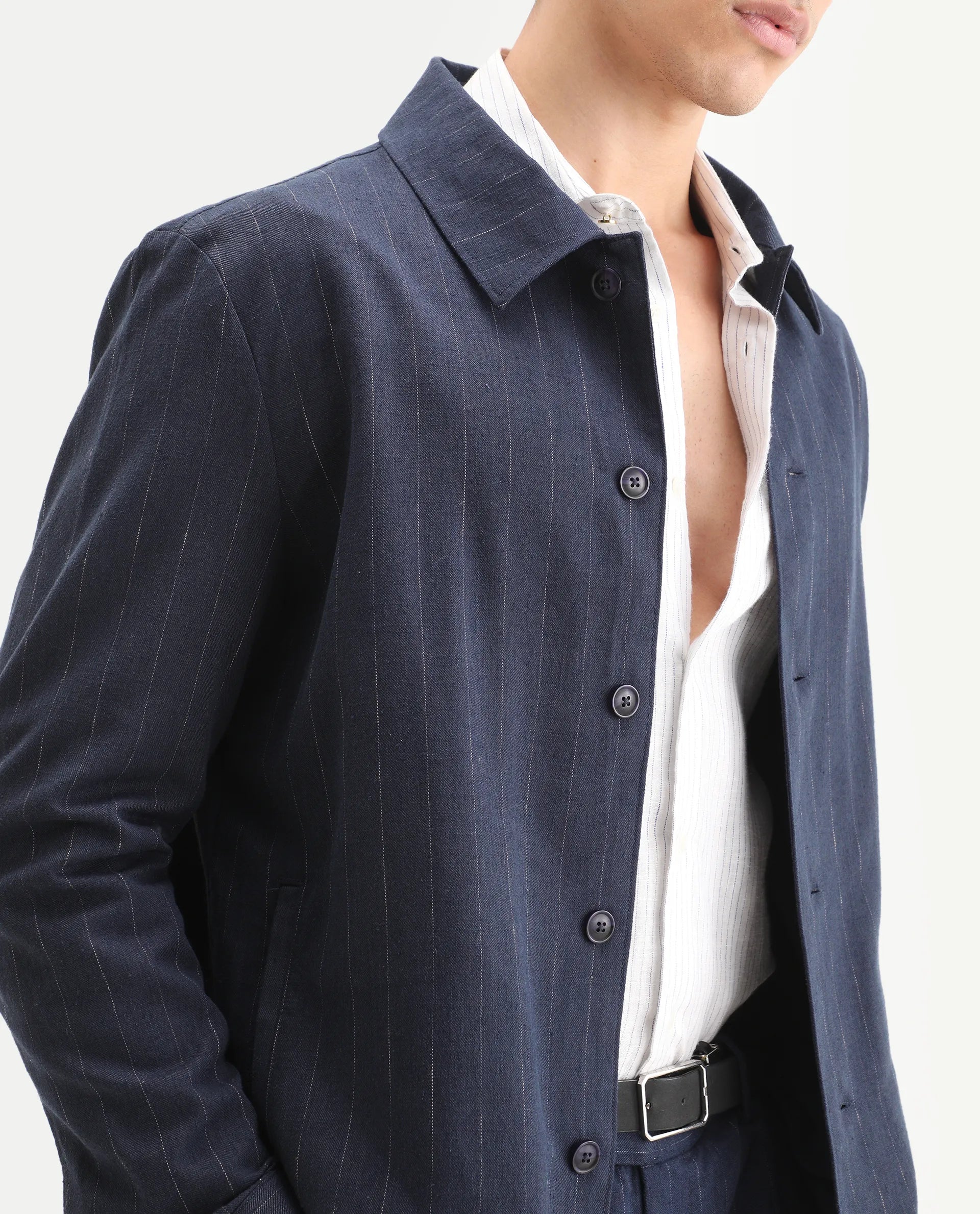Rare Rabbit Men's Jlo-T Blue Linen Blend Fabric Full Sleeve Collared Neck Regular Fit Striped Shirt