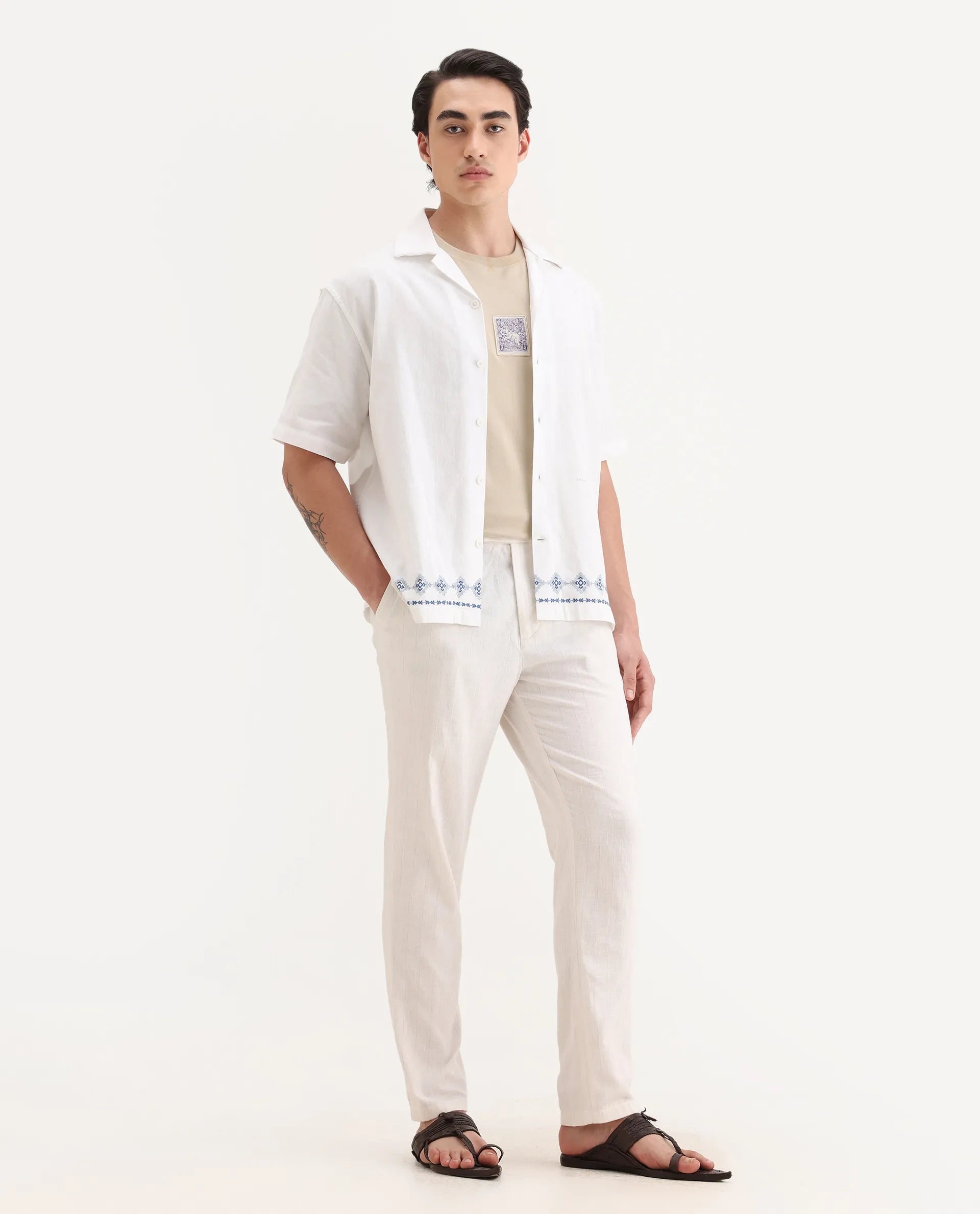 Rare Rabbit Men's Jlo Beige Cotton Blend Plain Relaxed Fit Trouser