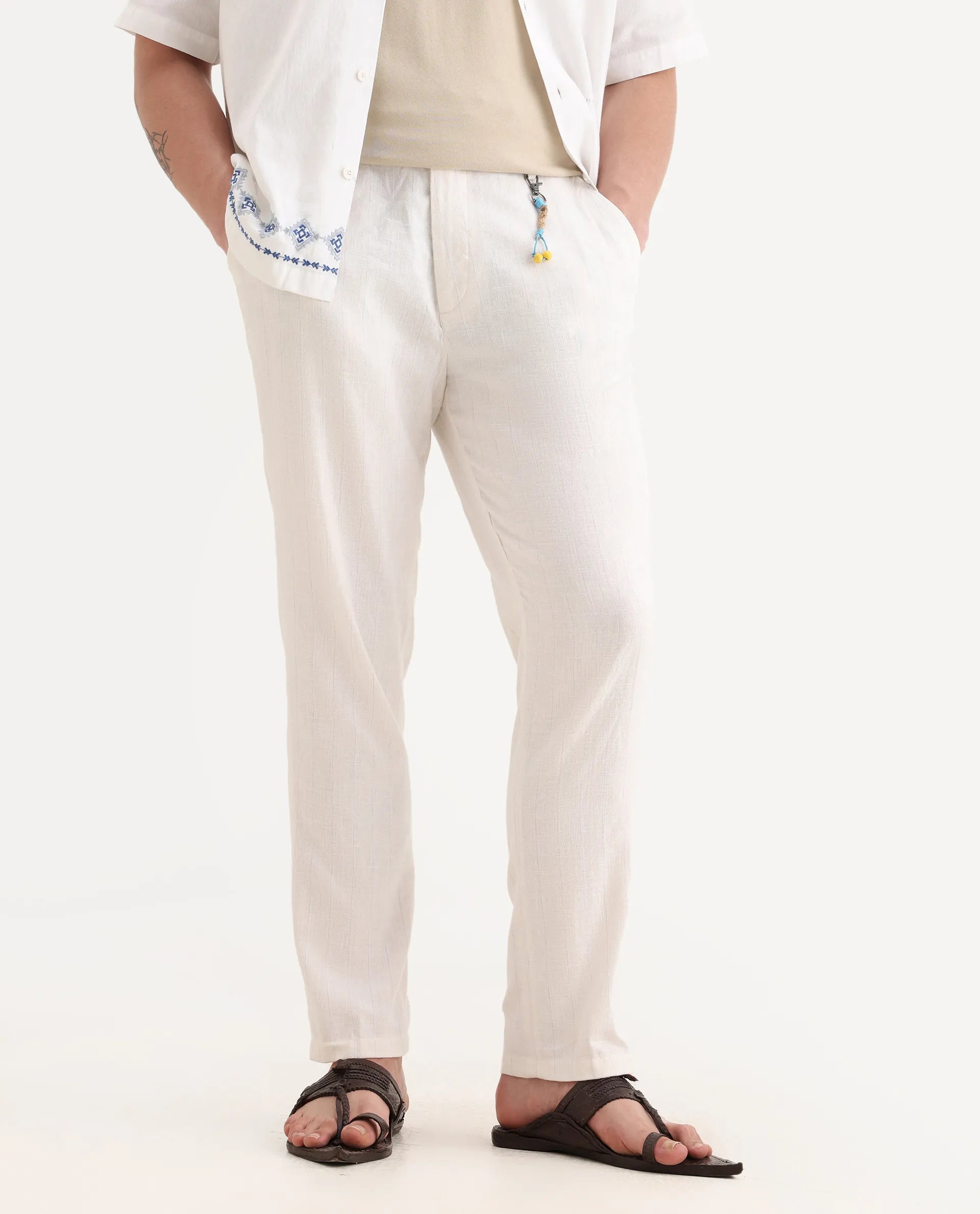 Rare Rabbit Men's Jlo Beige Cotton Blend Plain Relaxed Fit Trouser