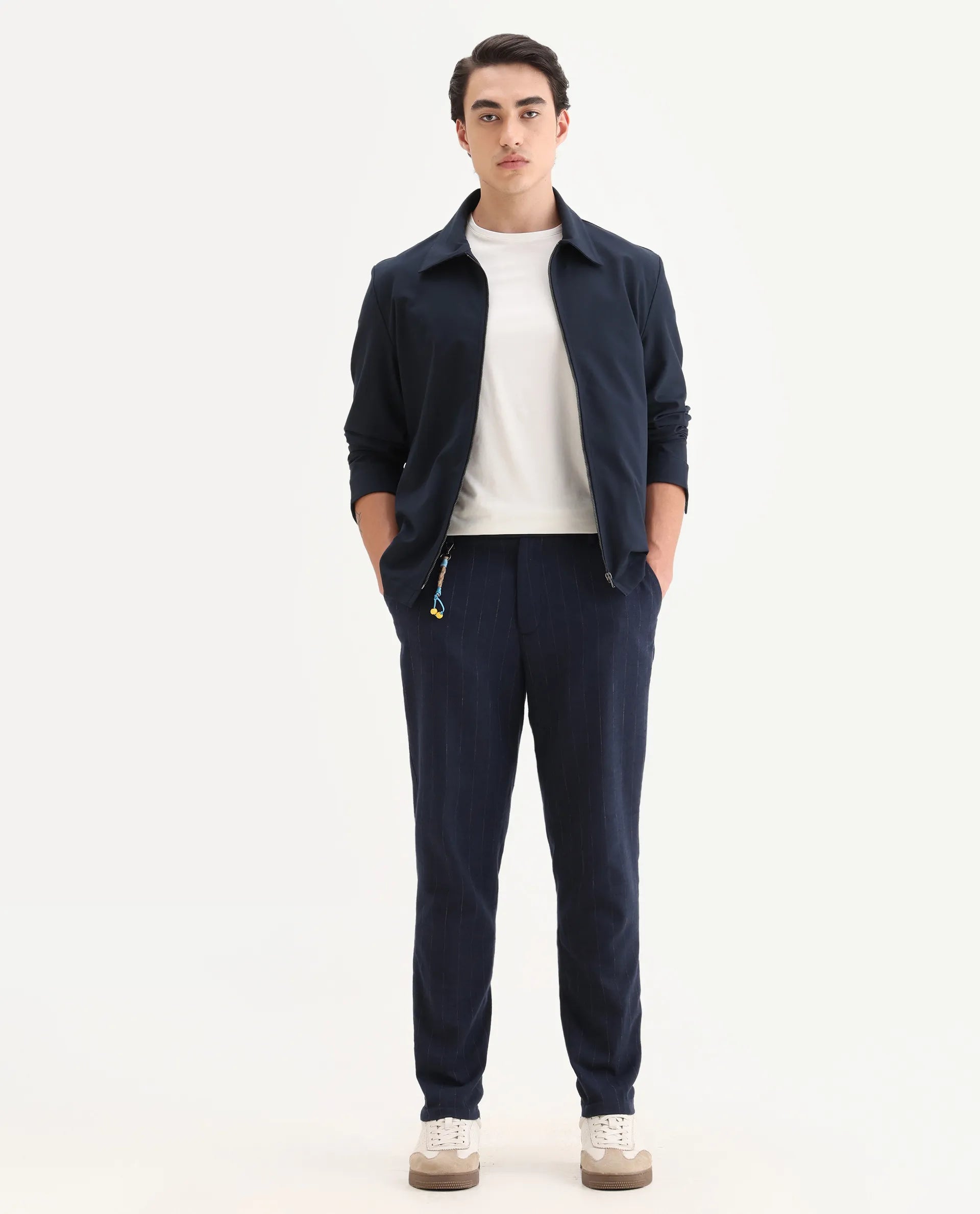 Rare Rabbit Men's Jlo Blue Cotton Blend Striped Print Relaxed Fit Trouser