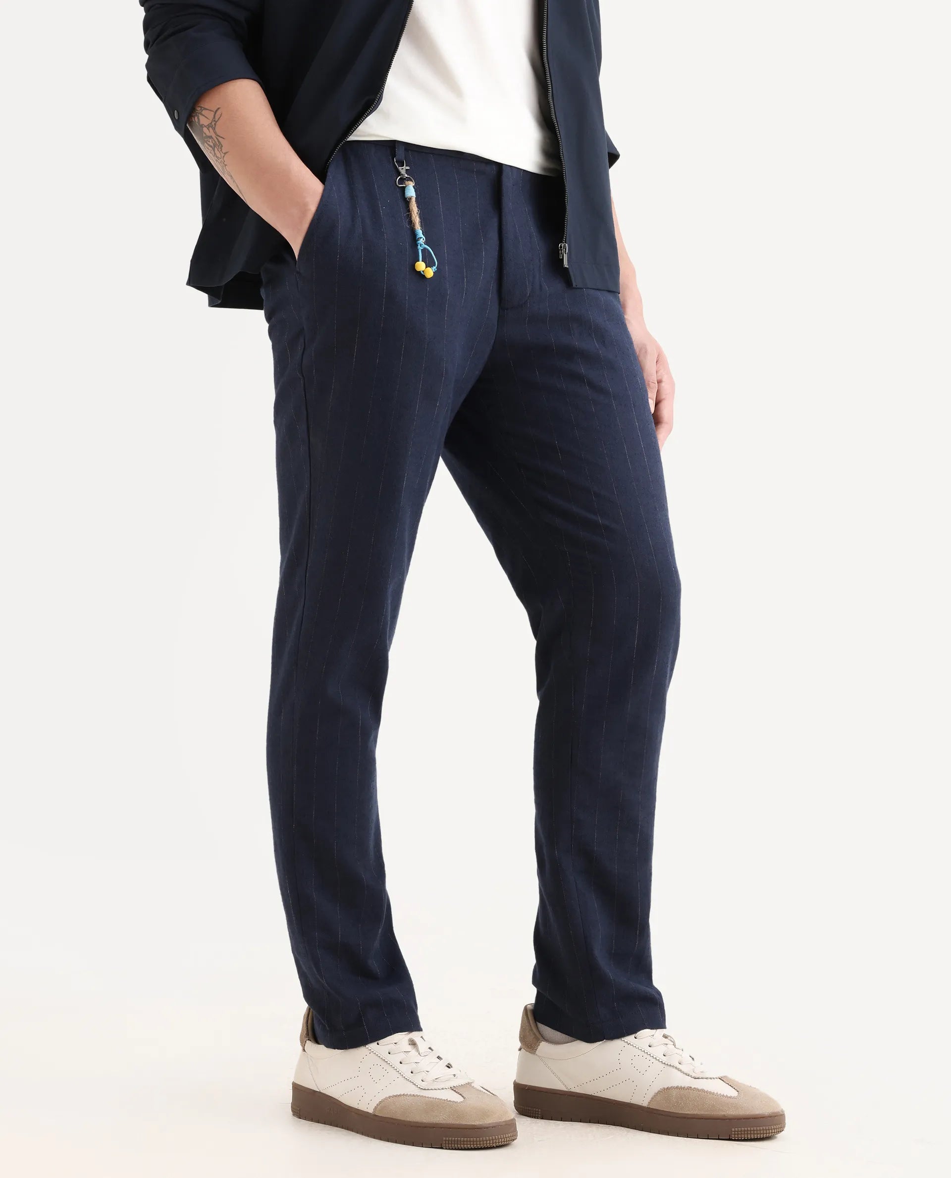 Rare Rabbit Men's Jlo Blue Cotton Blend Striped Print Relaxed Fit Trouser