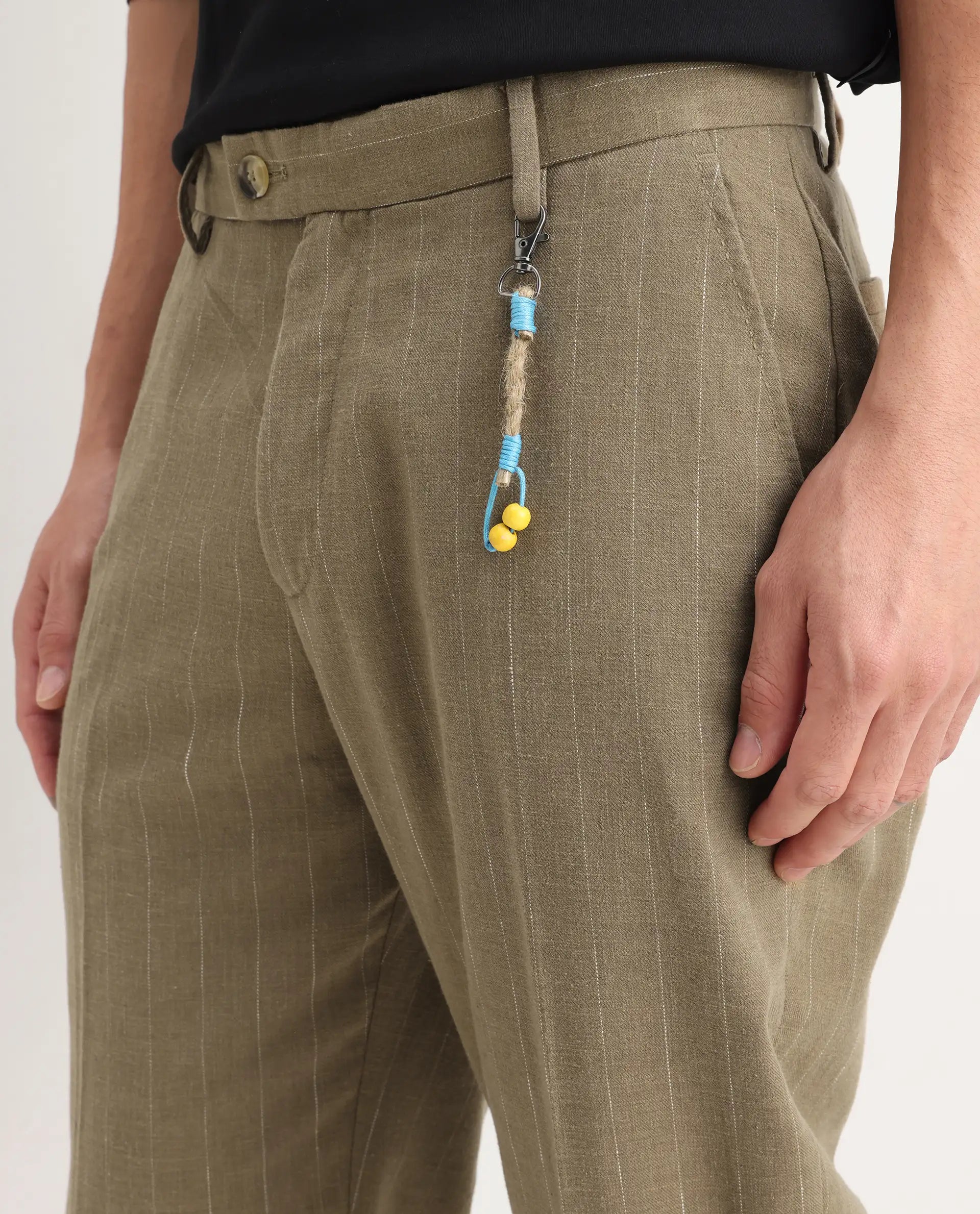 Rare Rabbit Men's Jlo Khaki Cotton Blend Striped Print Relaxed Fit Trouser