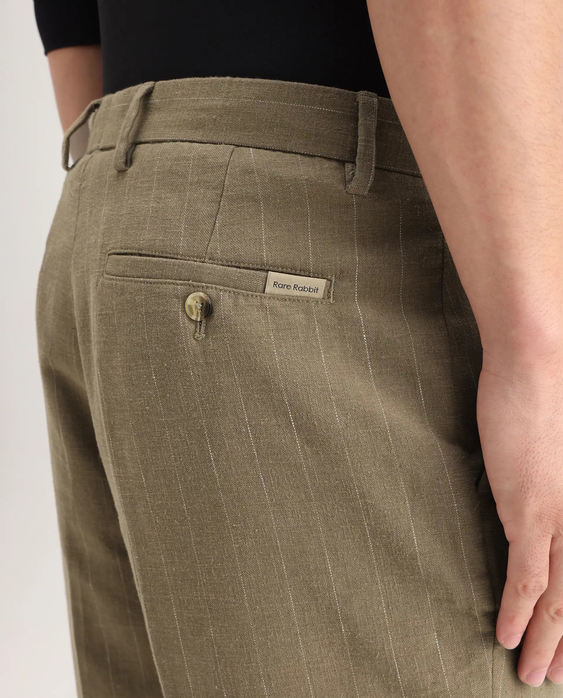 Rare Rabbit Men's Jlo Khaki Cotton Blend Striped Print Relaxed Fit Trouser