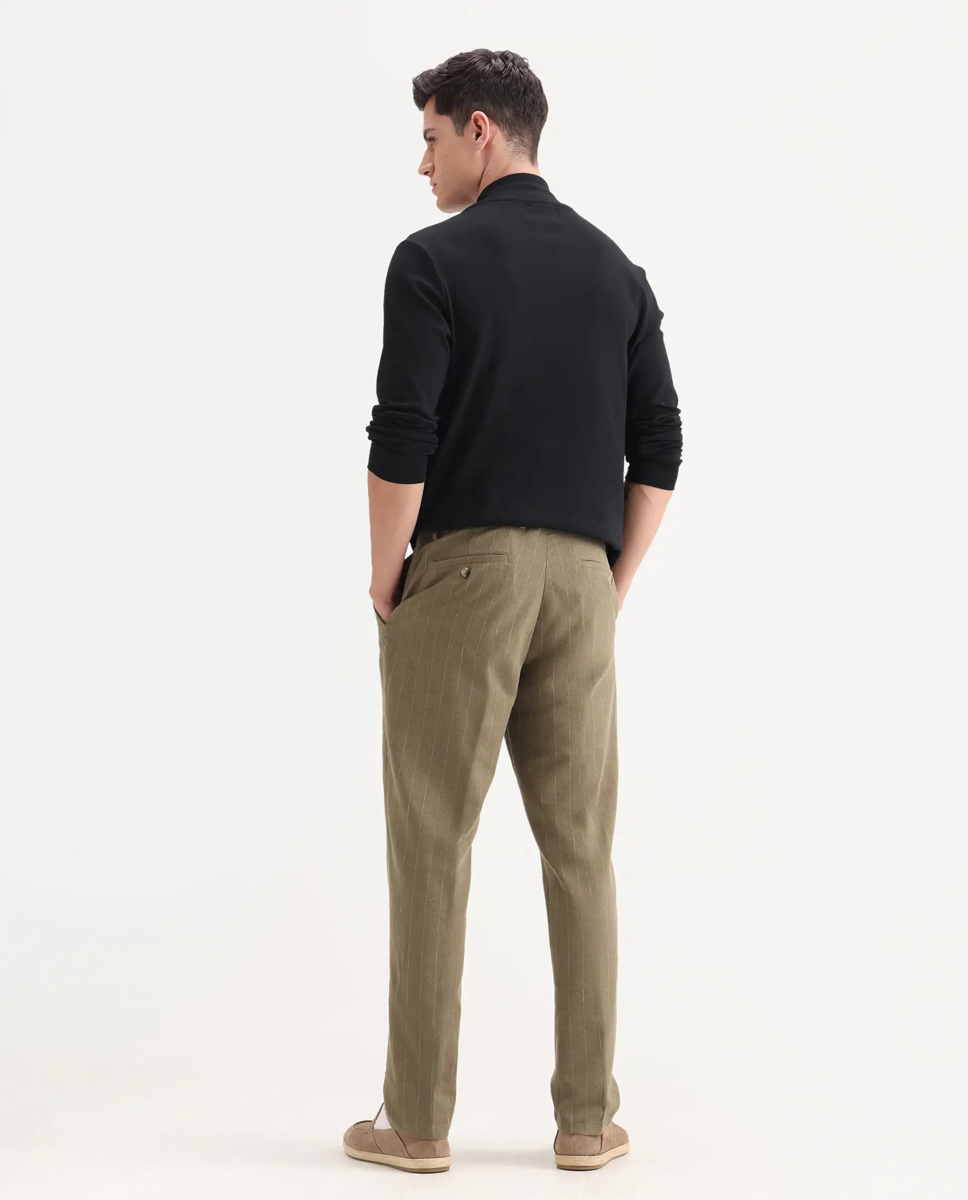 Rare Rabbit Men's Jlo Khaki Cotton Blend Striped Print Relaxed Fit Trouser