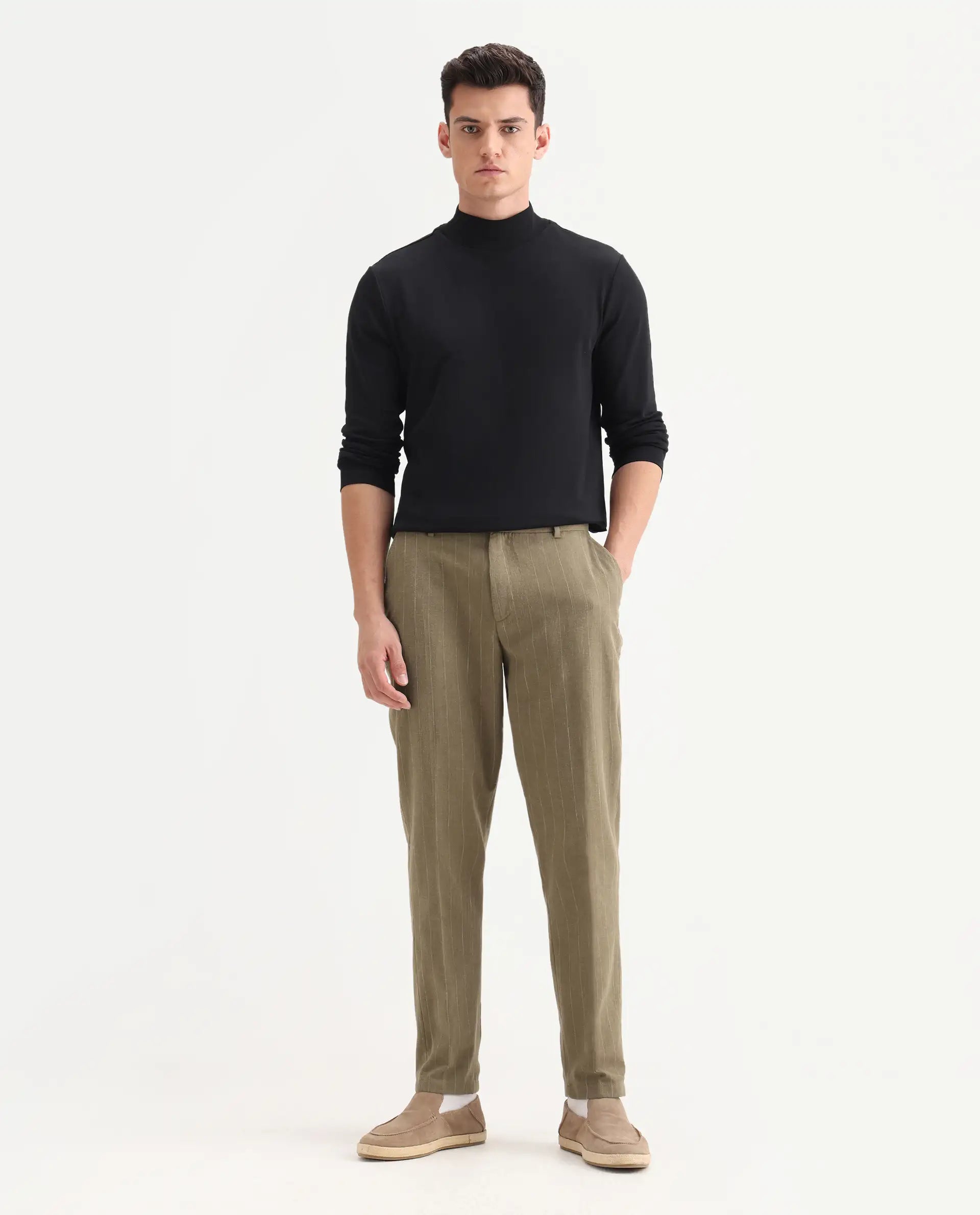 Rare Rabbit Men's Jlo Khaki Cotton Blend Striped Print Relaxed Fit Trouser