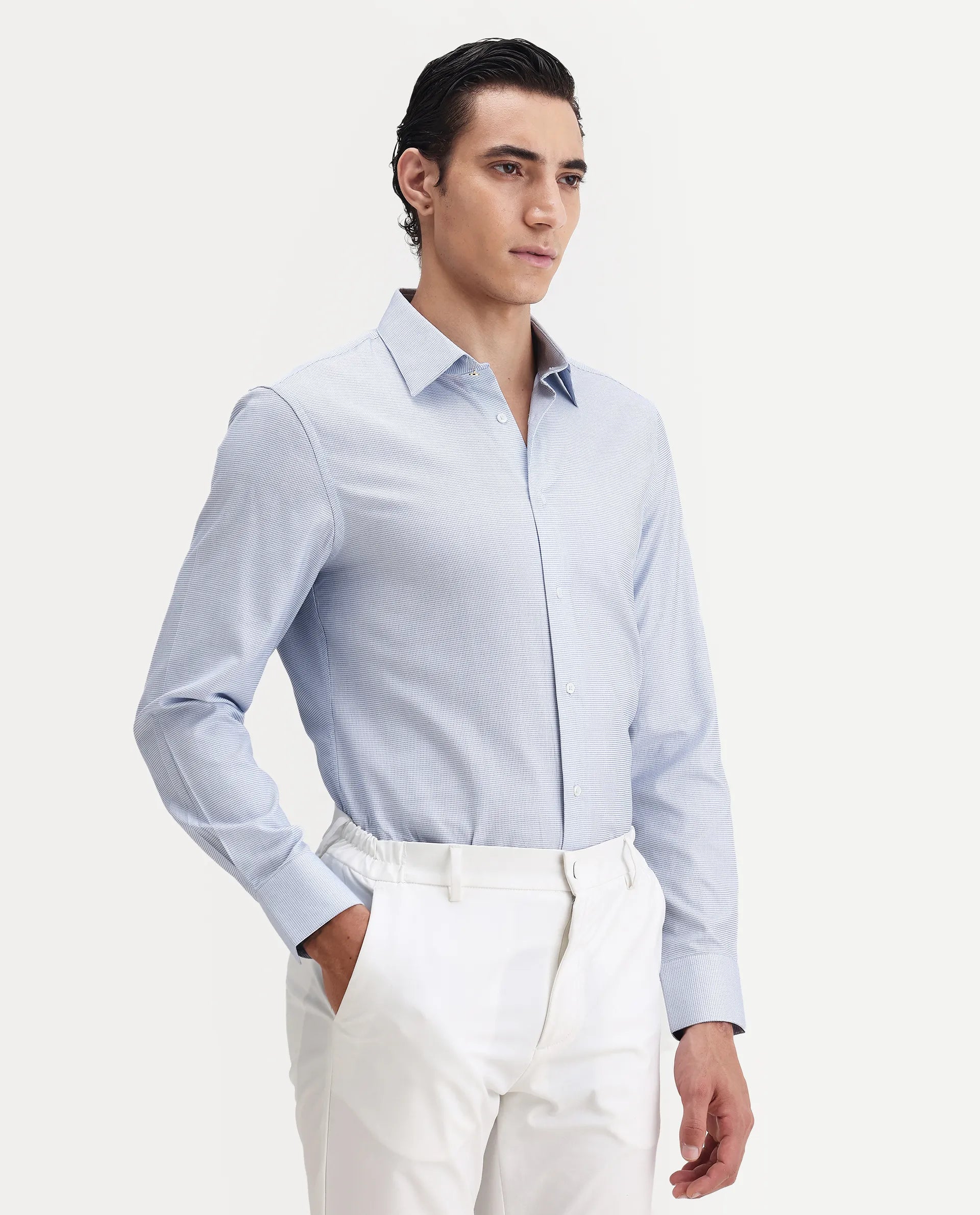 Rare Rabbit Men's Jnby Light Blue Cotton Plain Regular Fit Full Sleeve Collared Shirt