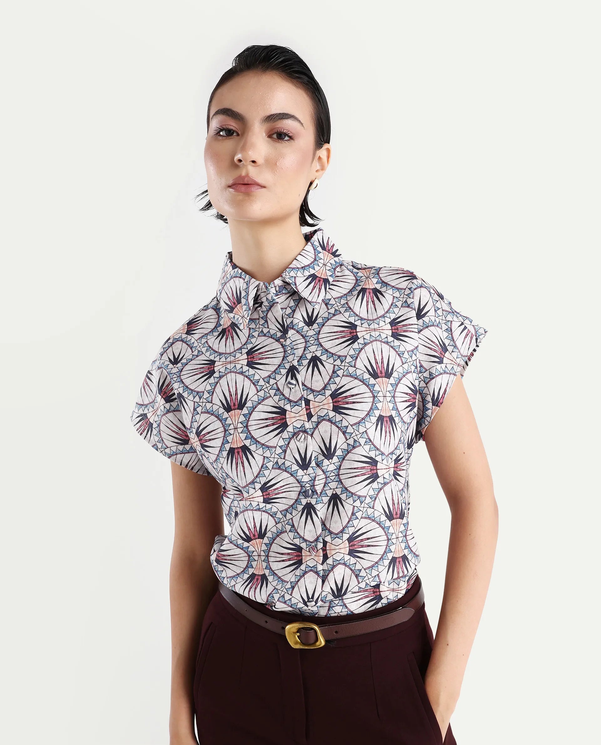 Rareism Women's Joancut Multi Polyester Spread Collar Geometric Print Extended Sleeves Regular Fit Top