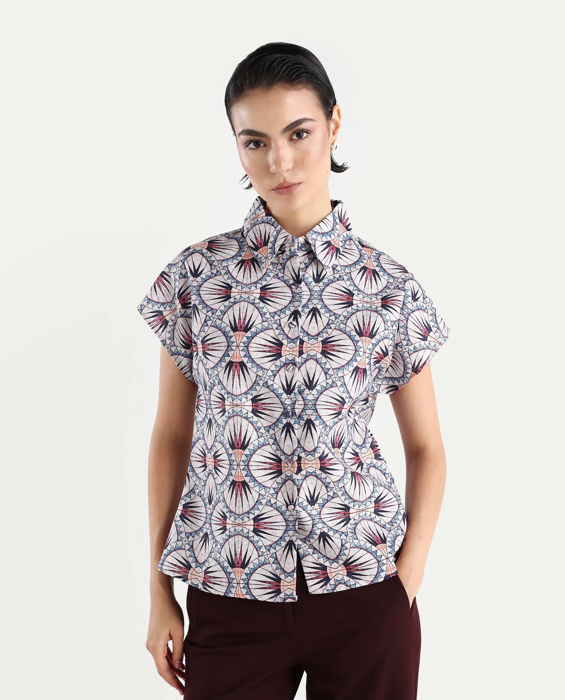 Rareism Women's Joancut Multi Polyester Spread Collar Geometric Print Extended Sleeves Regular Fit Top