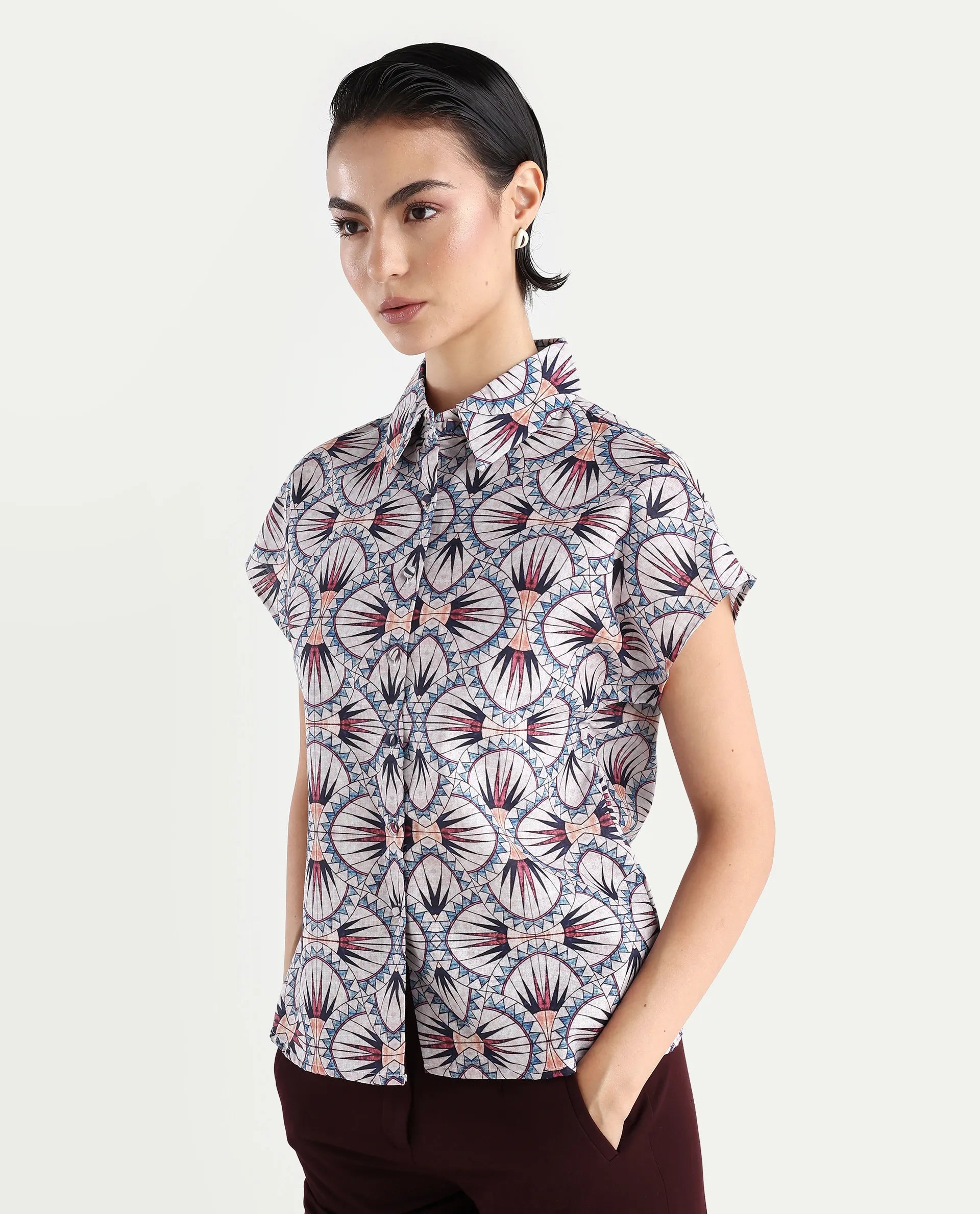 Rareism Women's Joancut Multi Polyester Spread Collar Geometric Print Extended Sleeves Regular Fit Top