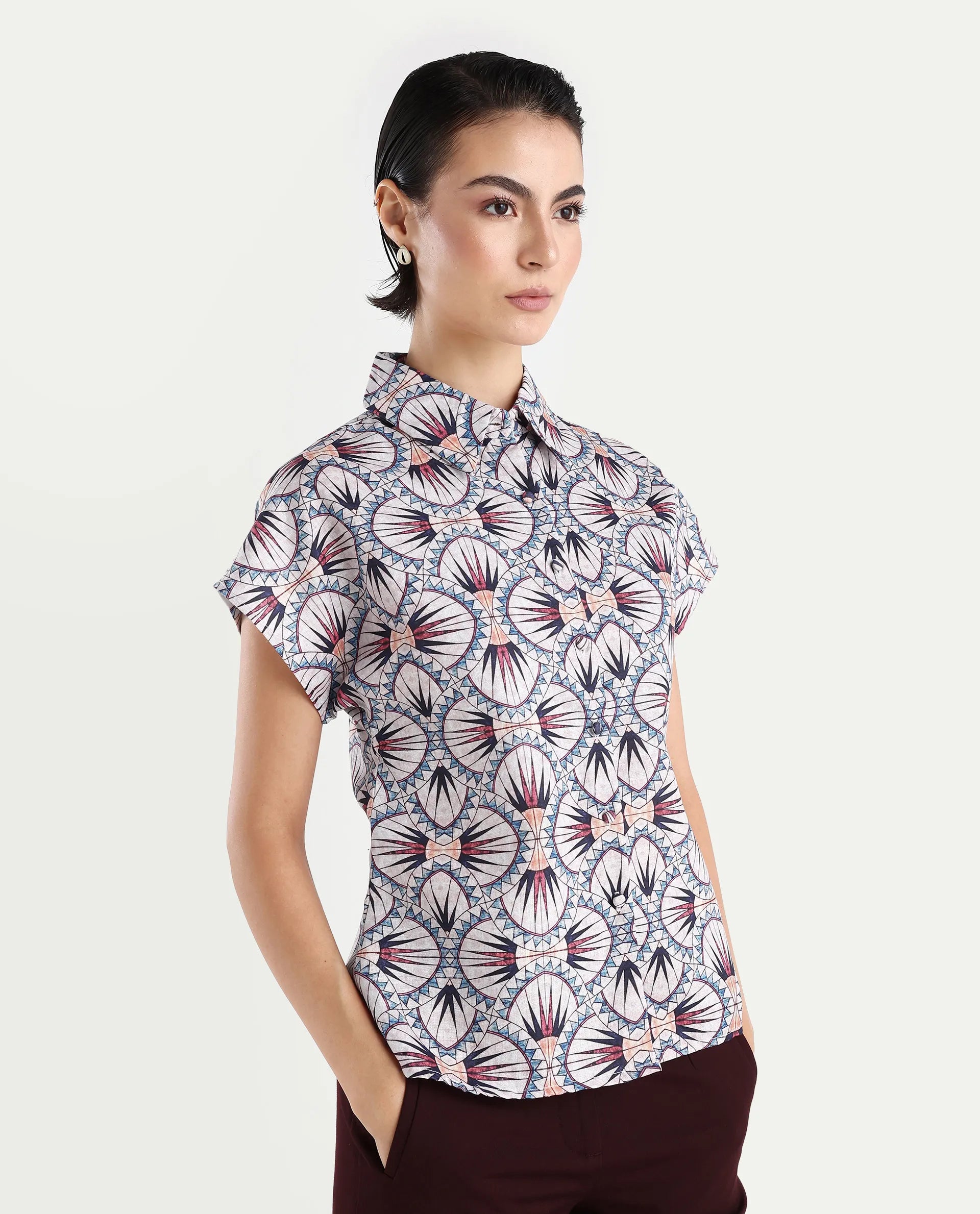 Rareism Women's Joancut Multi Polyester Spread Collar Geometric Print Extended Sleeves Regular Fit Top