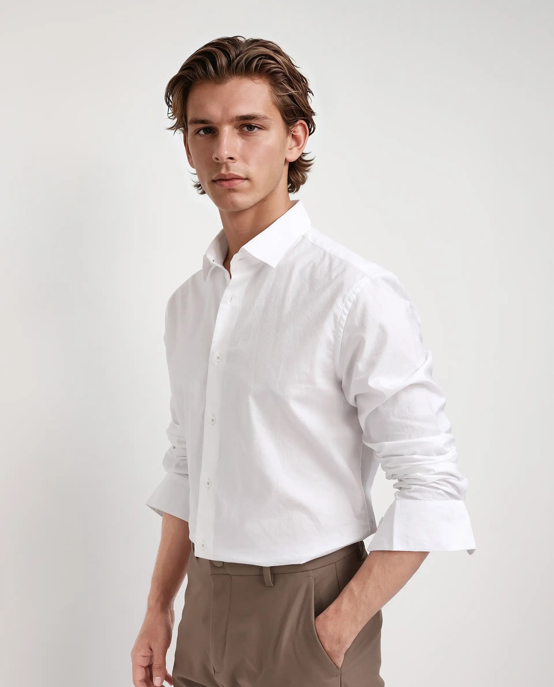 Rare Rabbit Men's Joan White Cotton Fabric Full Sleeve Mandarin Collar Button Closure Plain Shirt