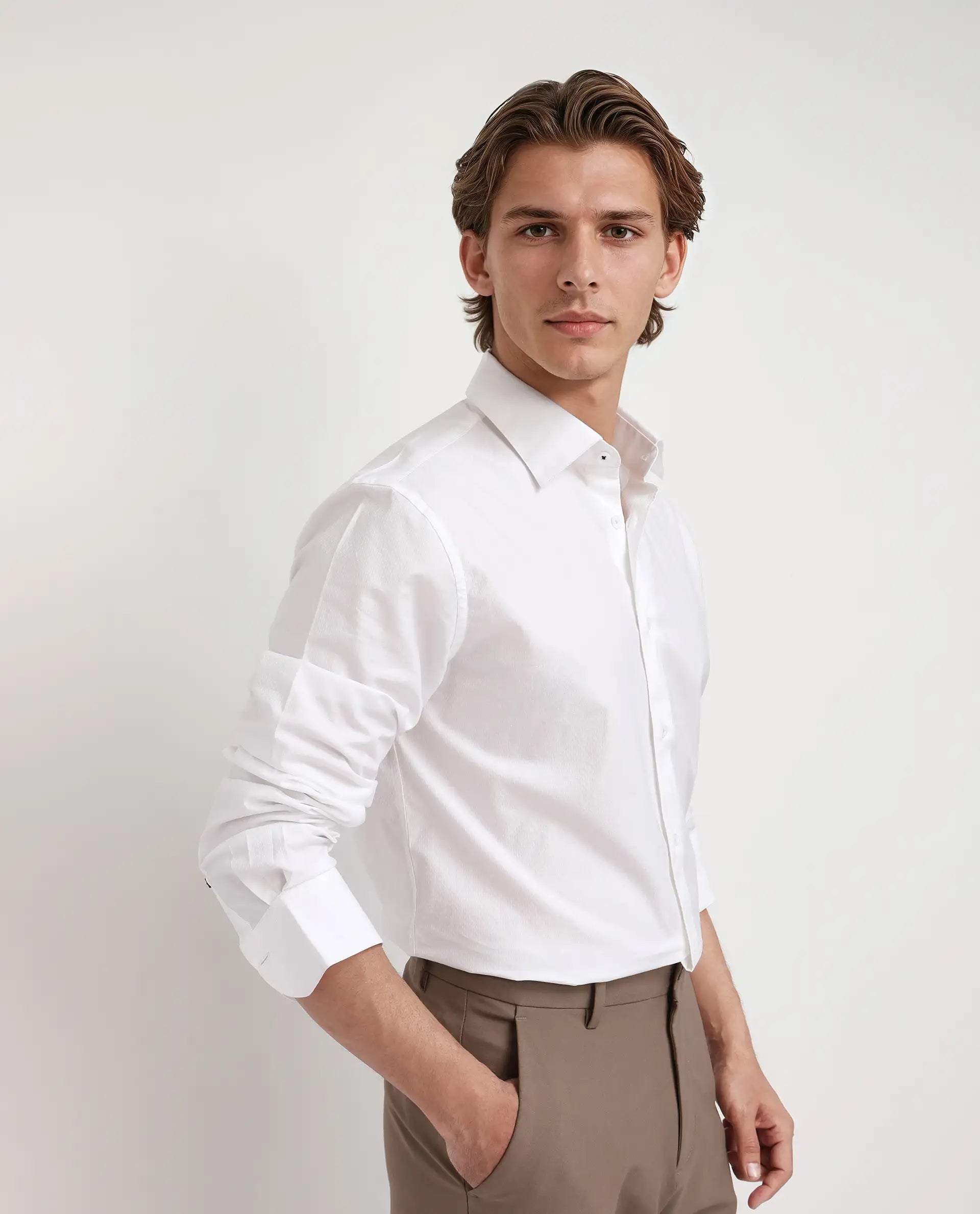 Rare Rabbit Men's Joan White Cotton Fabric Full Sleeve Mandarin Collar Button Closure Plain Shirt