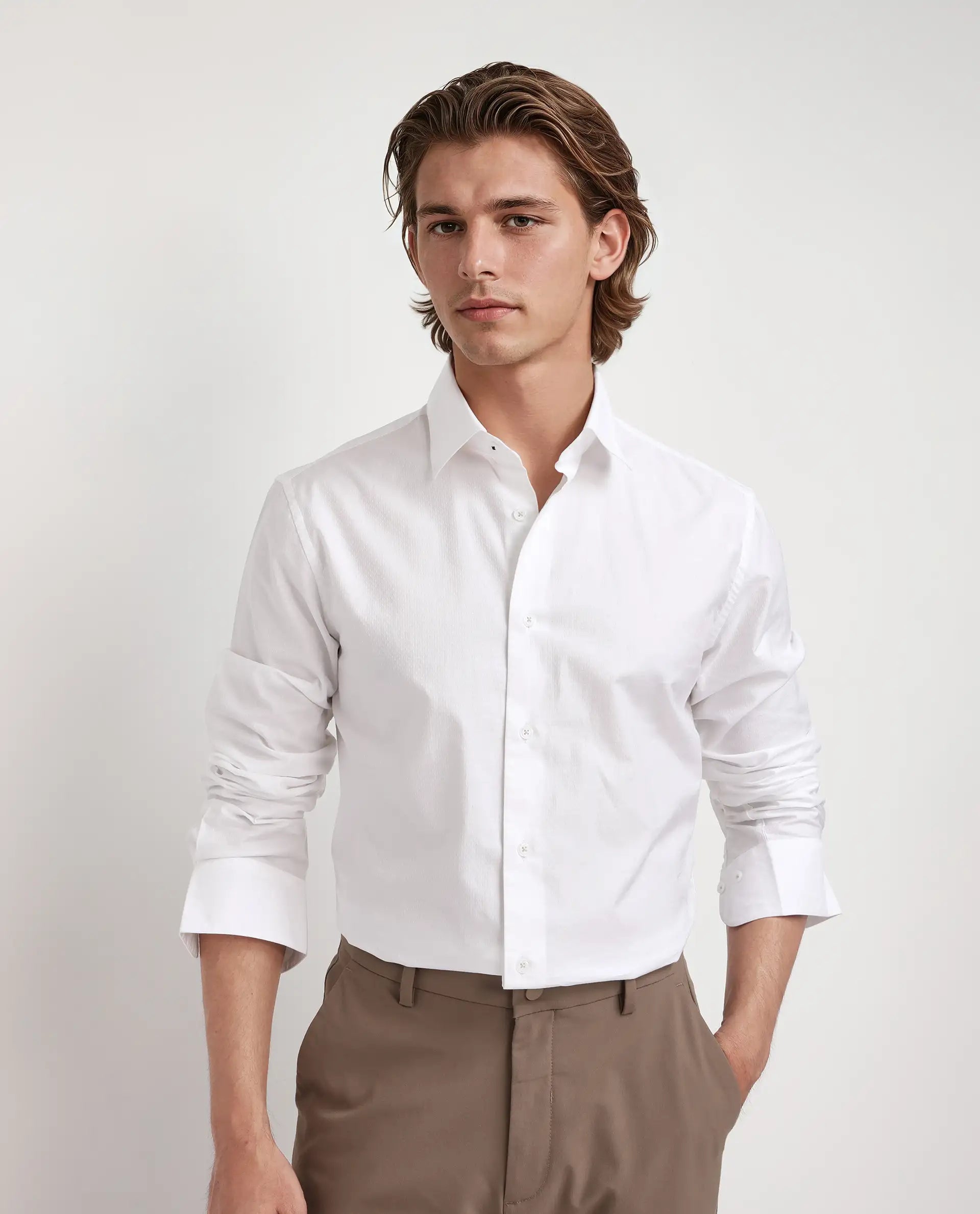 Rare Rabbit Men's Joan White Cotton Fabric Full Sleeve Mandarin Collar Button Closure Plain Shirt