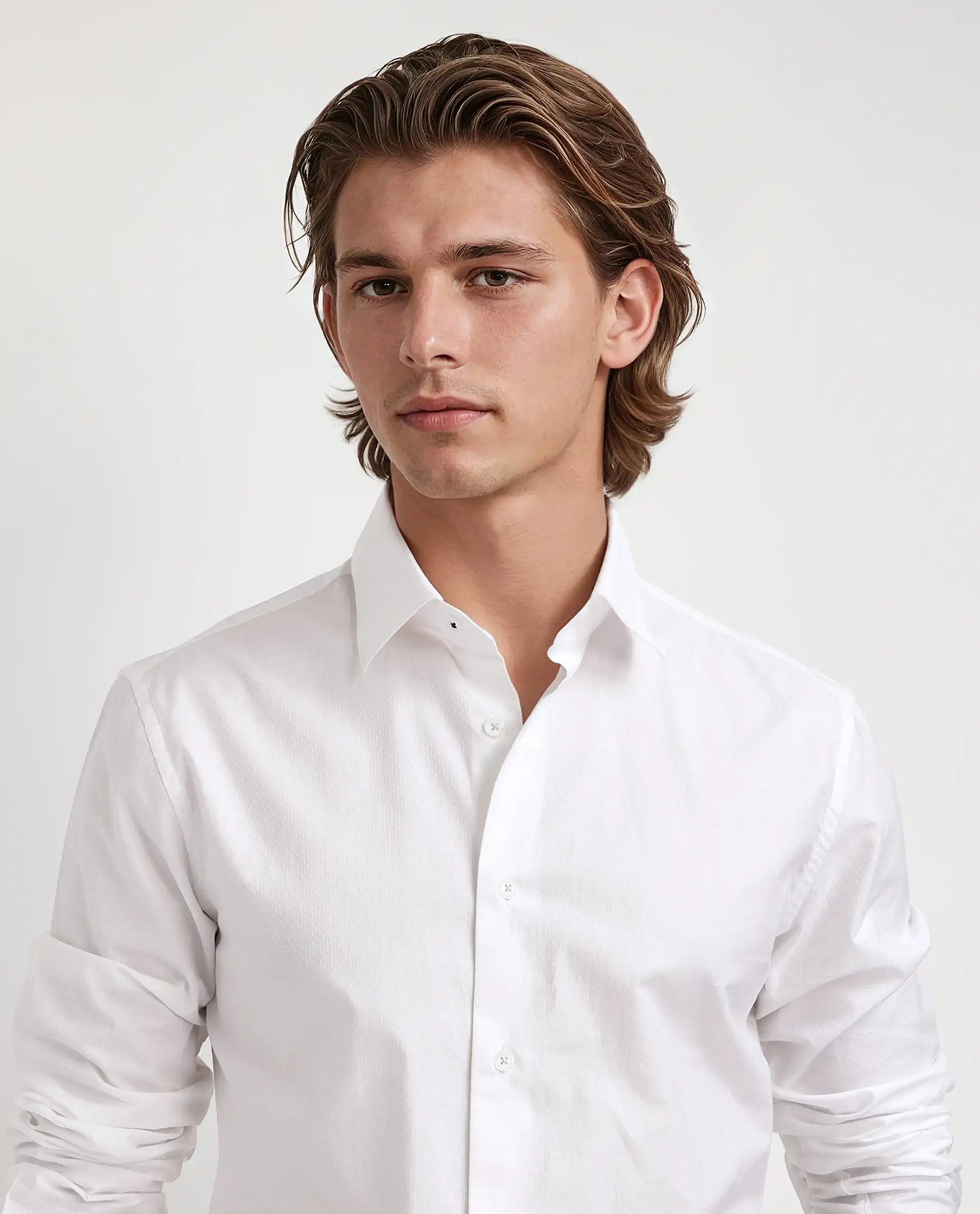 Rare Rabbit Men's Joan White Cotton Fabric Full Sleeve Mandarin Collar Button Closure Plain Shirt