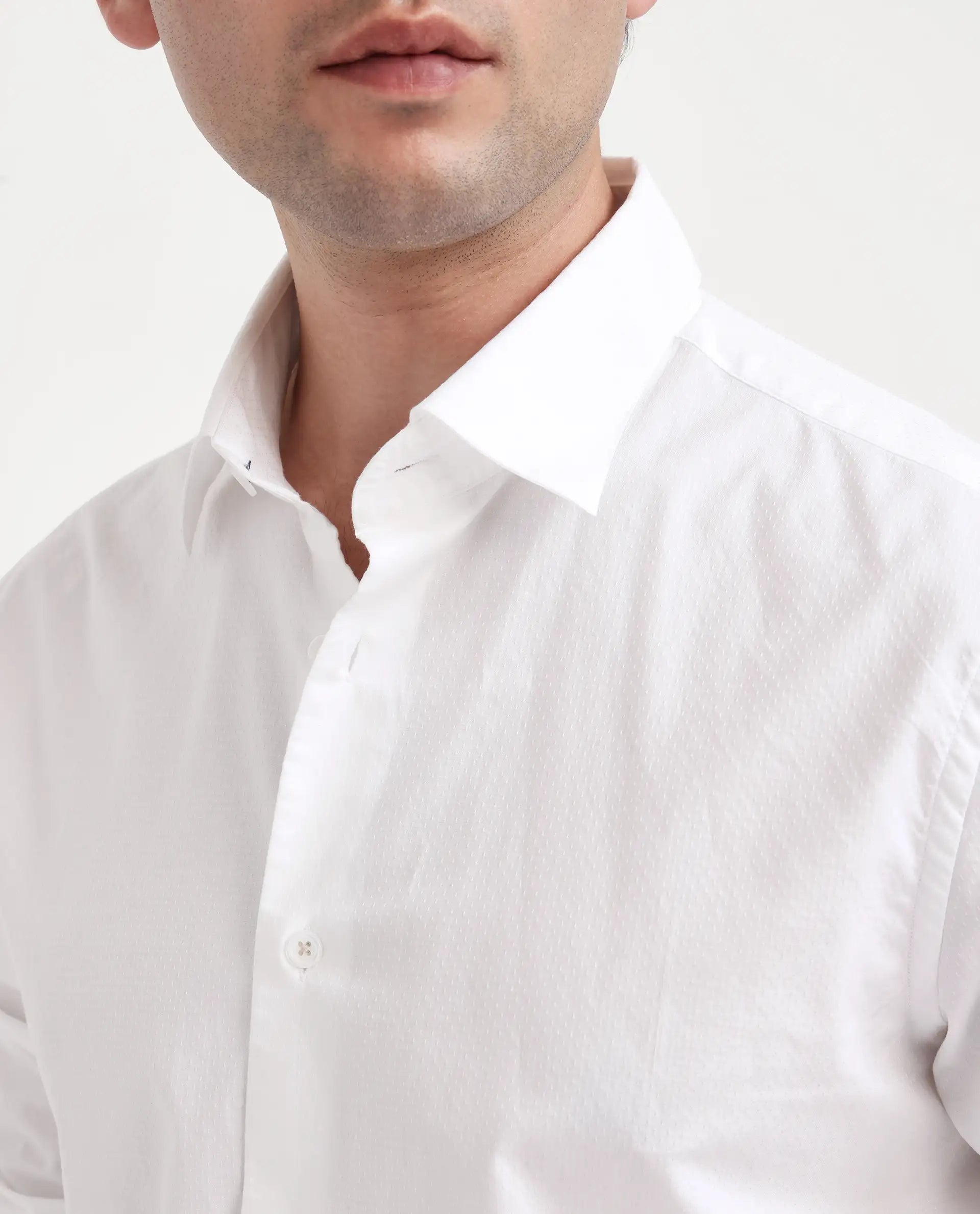 Rare Rabbit Men's Joan White Cotton Fabric Full Sleeve Mandarin Collar Button Closure Plain Shirt