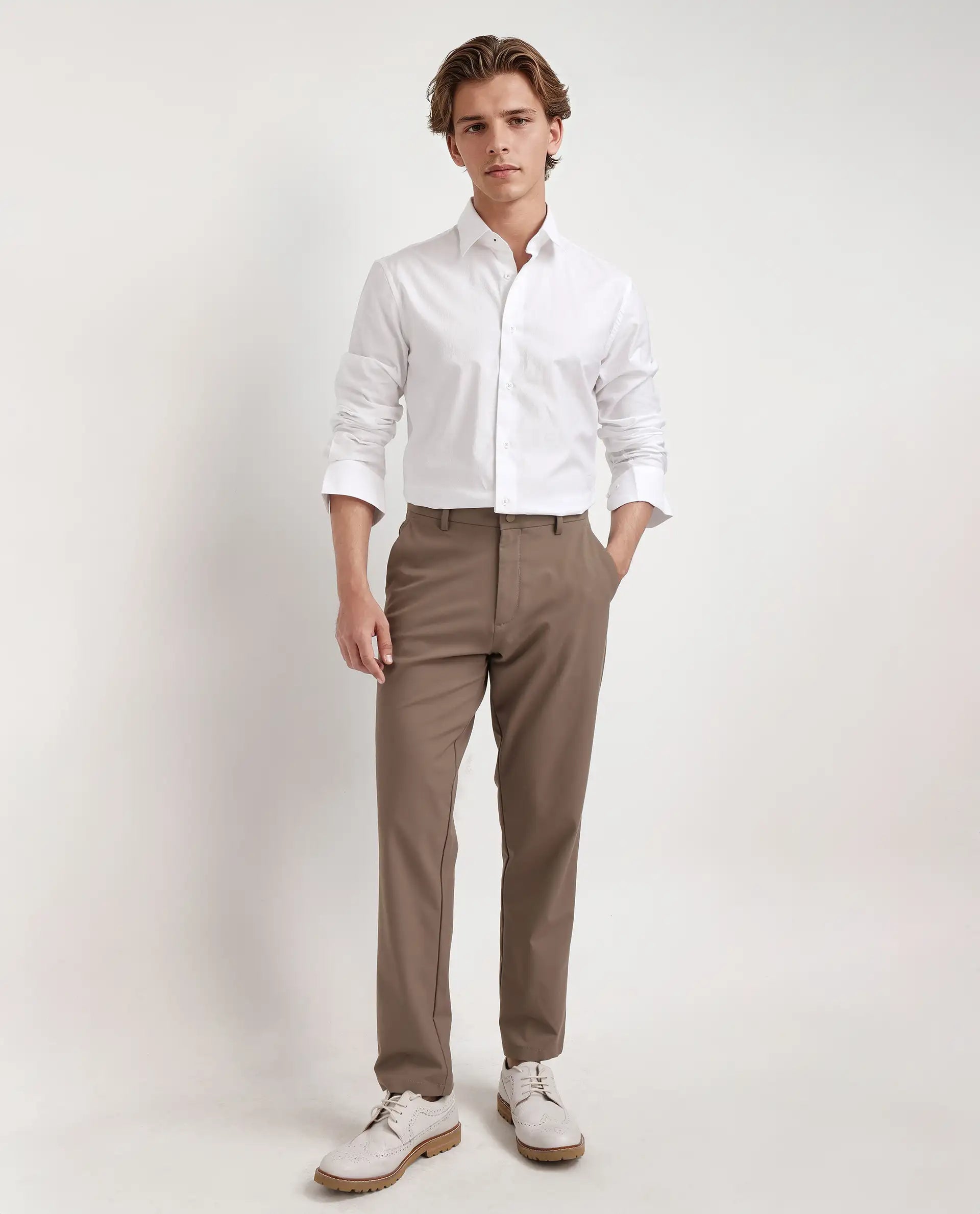 Rare Rabbit Men's Joan White Cotton Fabric Full Sleeve Mandarin Collar Button Closure Plain Shirt