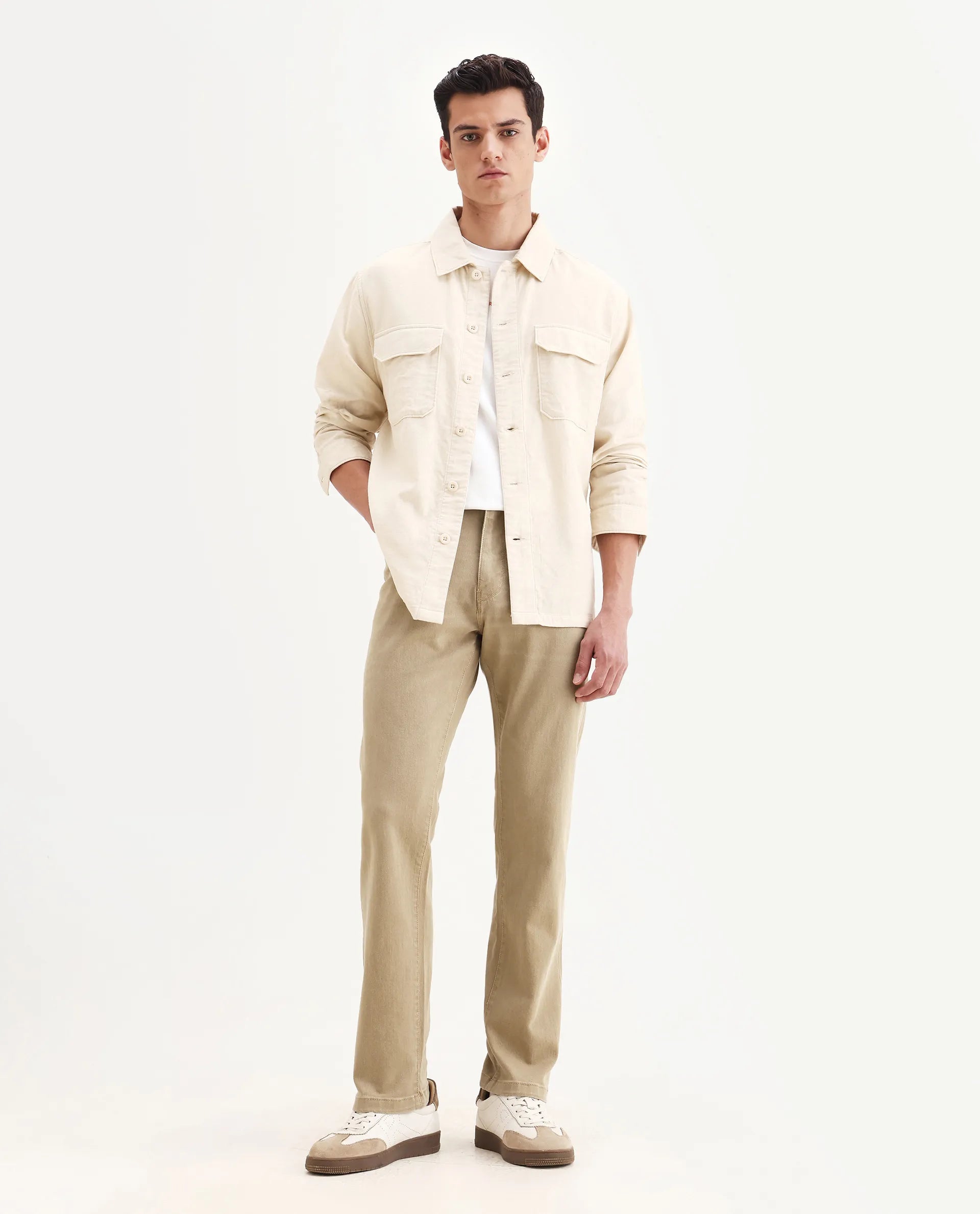 Rare Rabbit Men's Joel-G2 Khaki Cotton Blend Fabric Morris Regular Plain Jeans