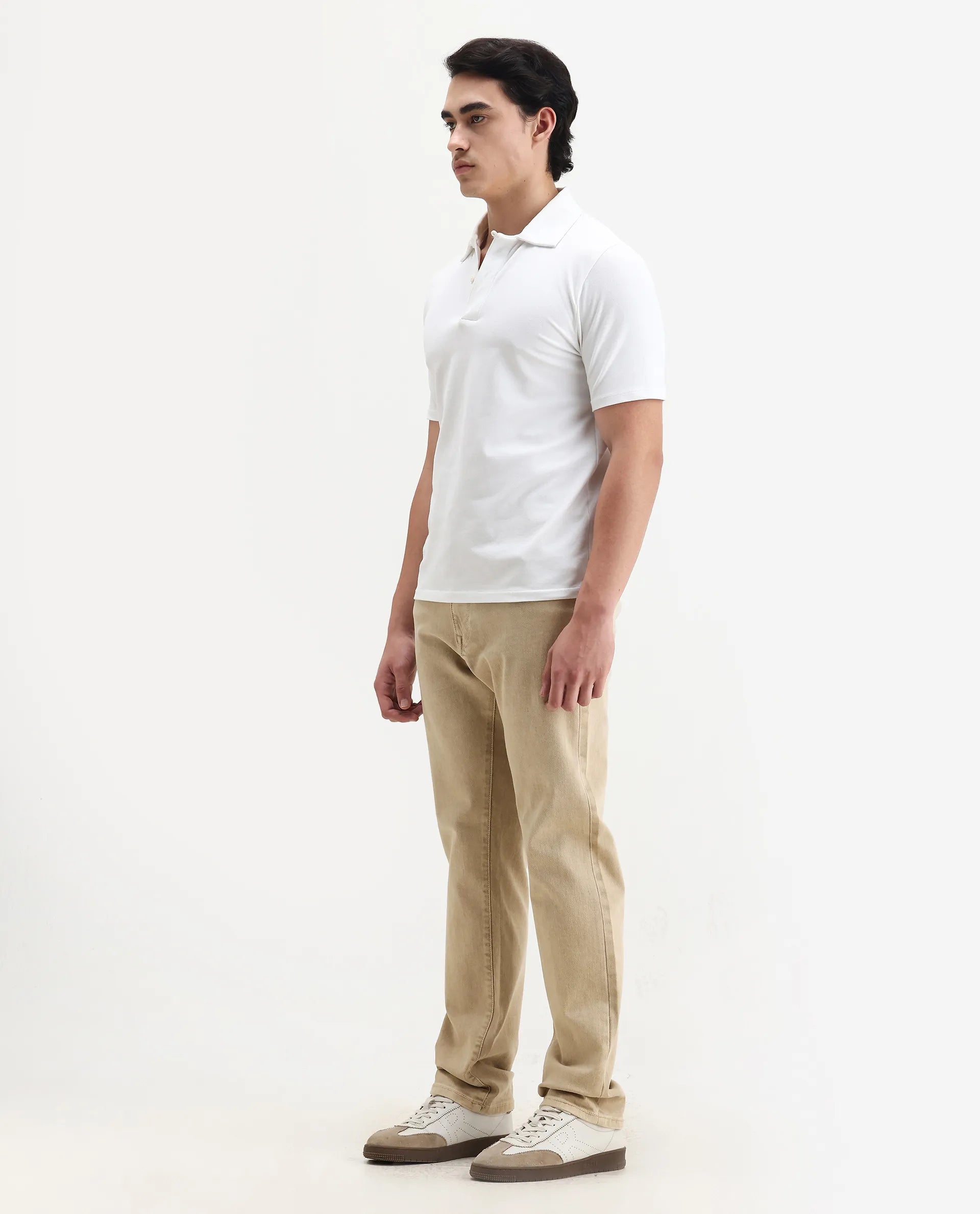 Rare Rabbit Men's Joel-G3 Beige Cotton Blend Fabric Morris Regular Plain Jeans