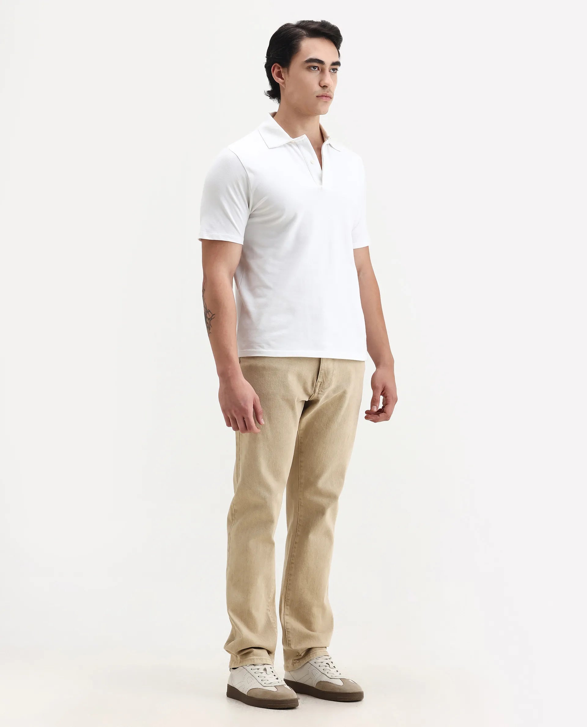 Rare Rabbit Men's Joel-G3 Beige Cotton Blend Fabric Morris Regular Plain Jeans