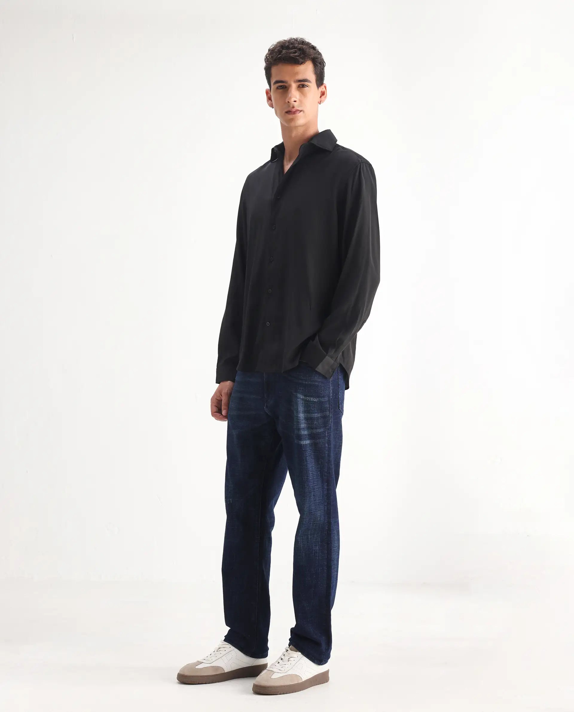 Rare Rabbit Men's Jogg Dark Blue Cotton Blend Plain Morris Regular Fit Jeans