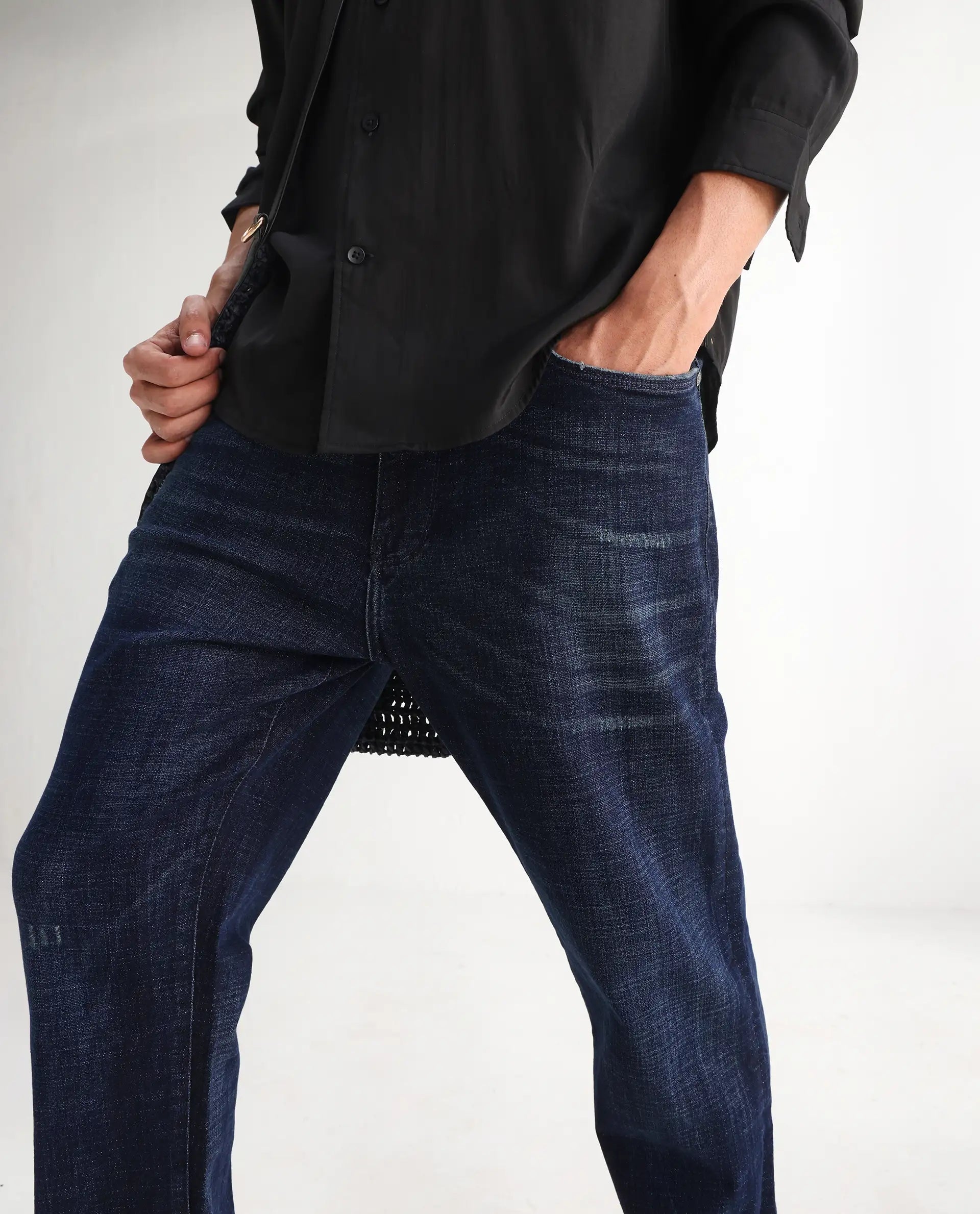 Rare Rabbit Men's Jogg Dark Blue Cotton Blend Plain Morris Regular Fit Jeans