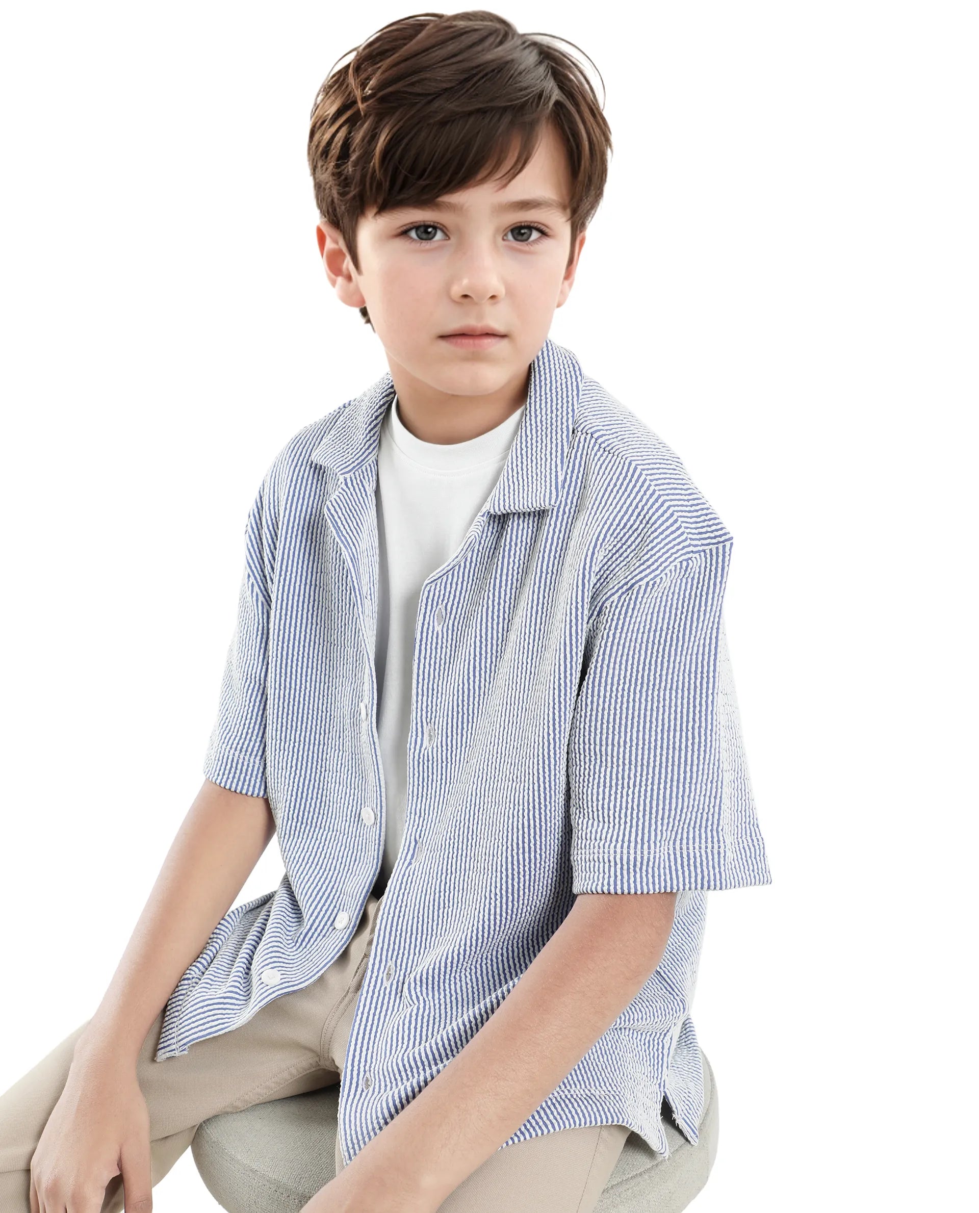 Rare Ones Kids John-S Blue Cotton Blend Short Sleeve Solid Regular Shirt