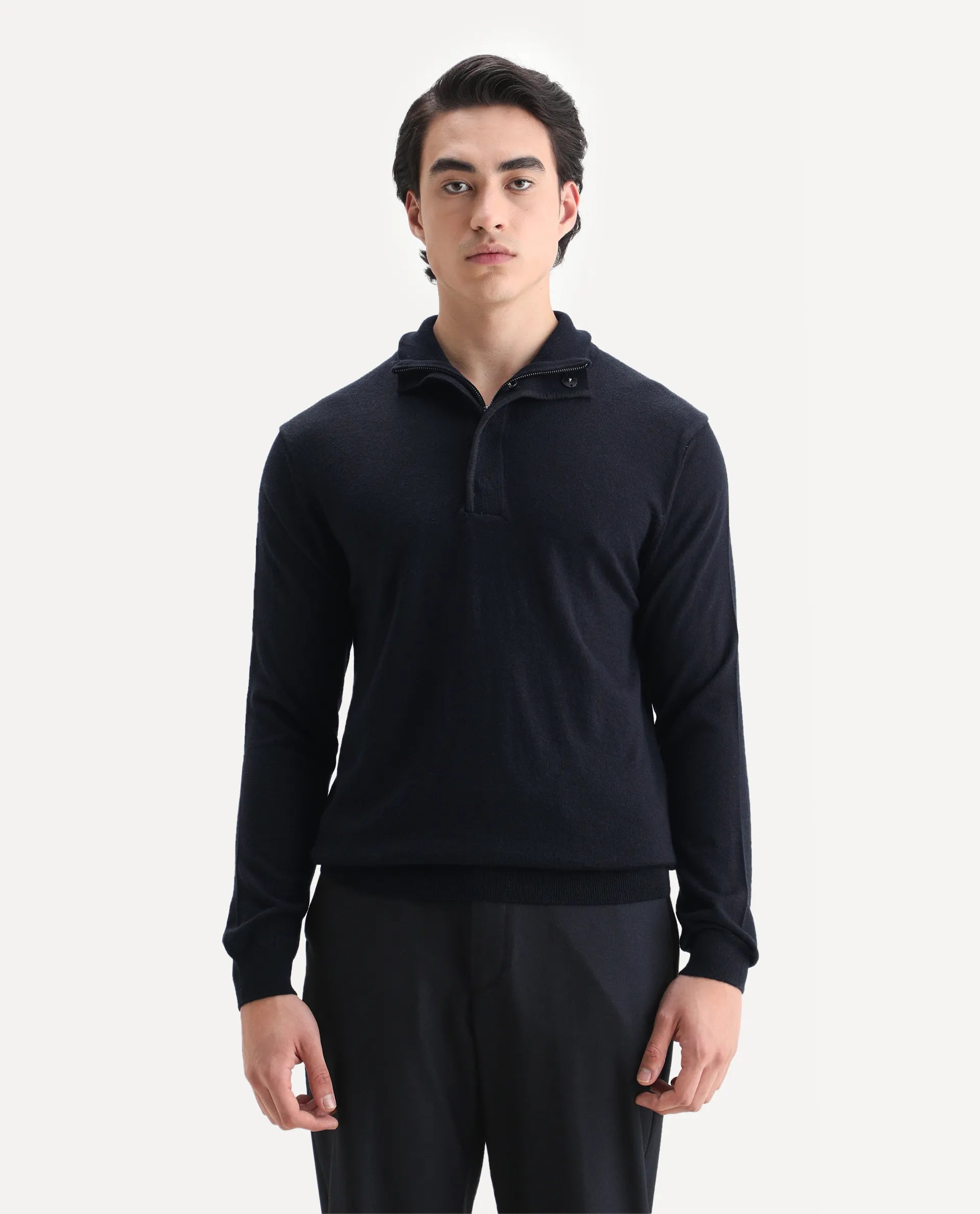 Rare Rabbit Men's Johny Navy Acrylic Plain Regular Fit Full Sleeve Stand Collar Sweater