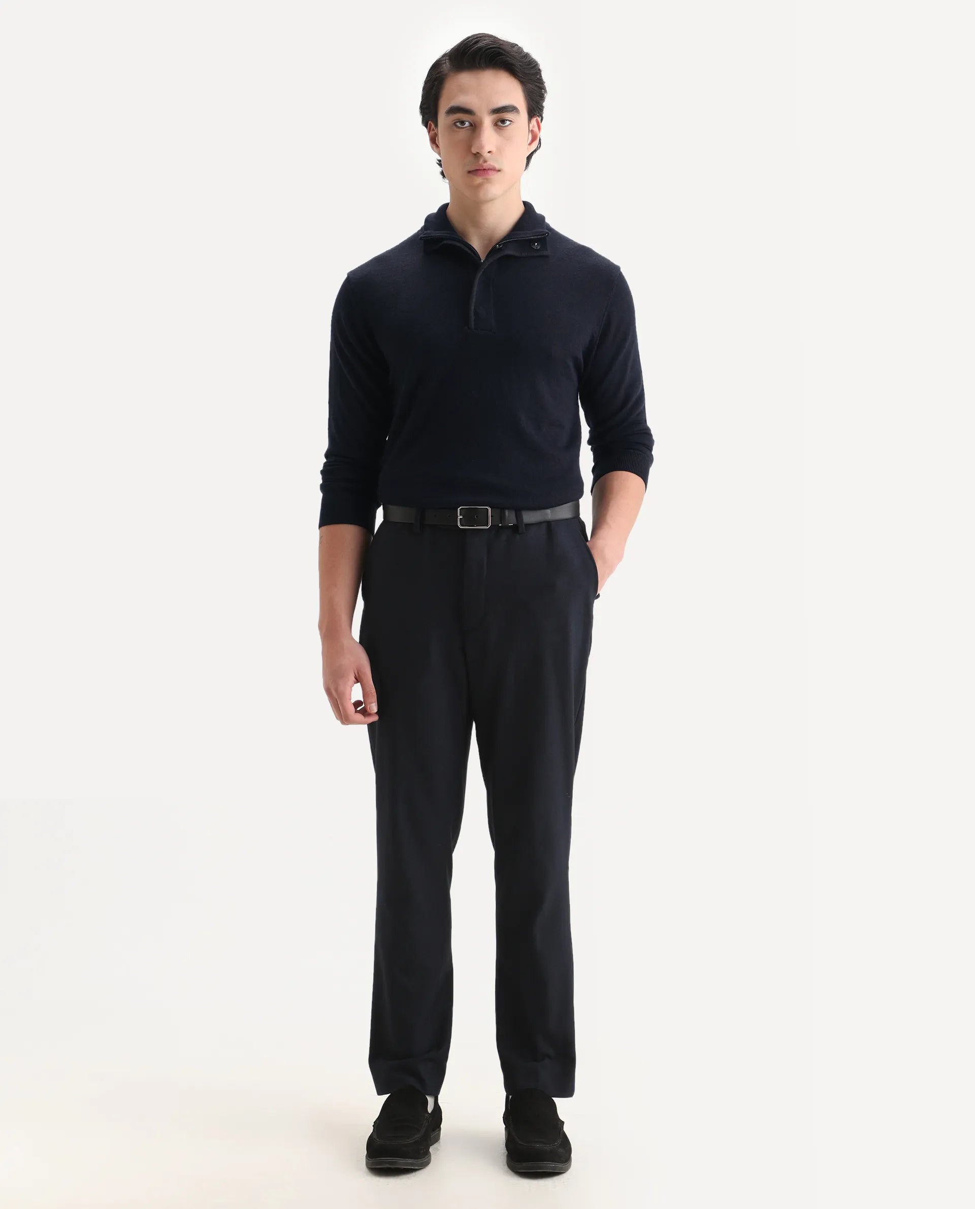 Rare Rabbit Men's Johny Navy Acrylic Plain Regular Fit Full Sleeve Stand Collar Sweater