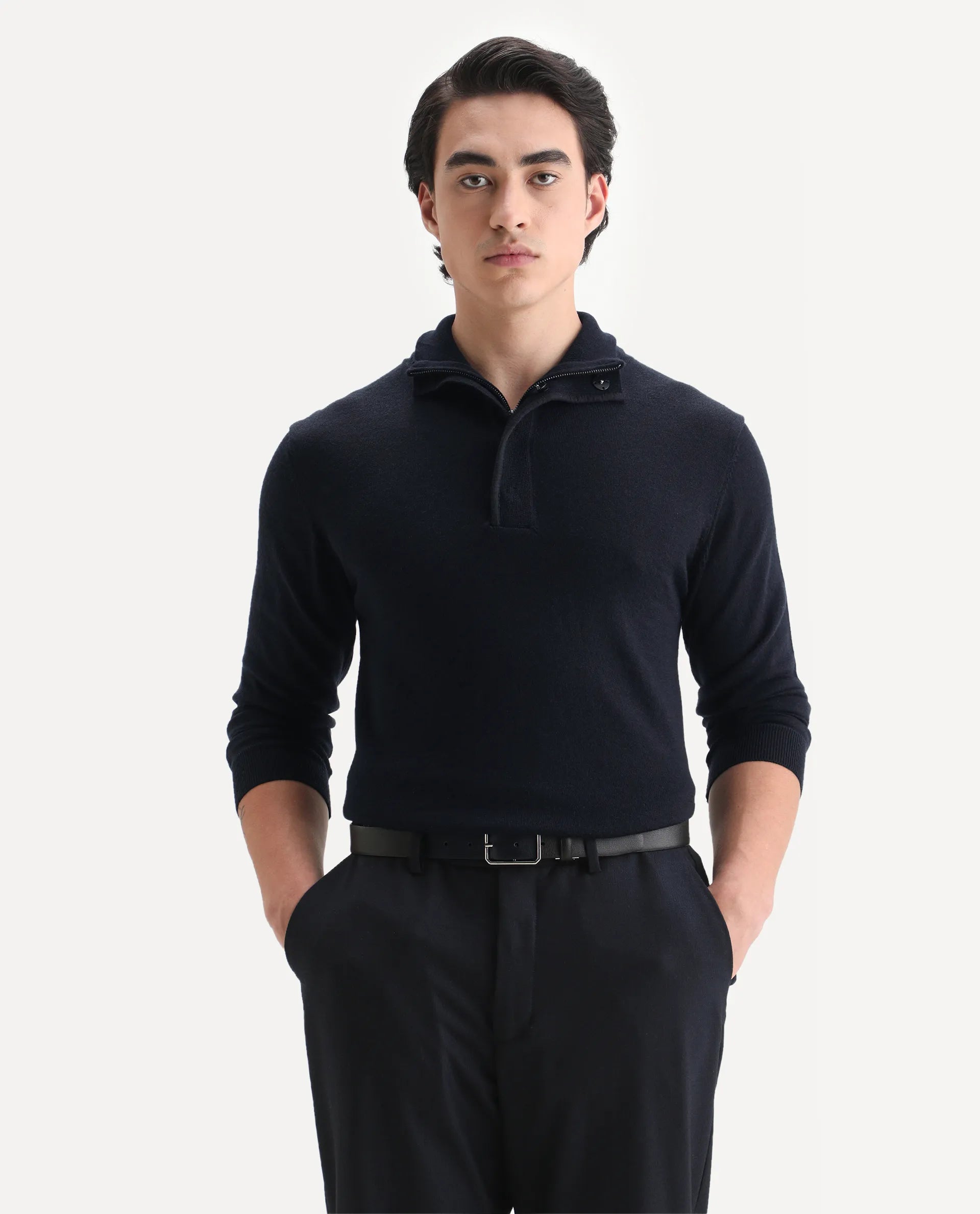 Rare Rabbit Men's Johny Navy Acrylic Plain Regular Fit Full Sleeve Stand Collar Sweater