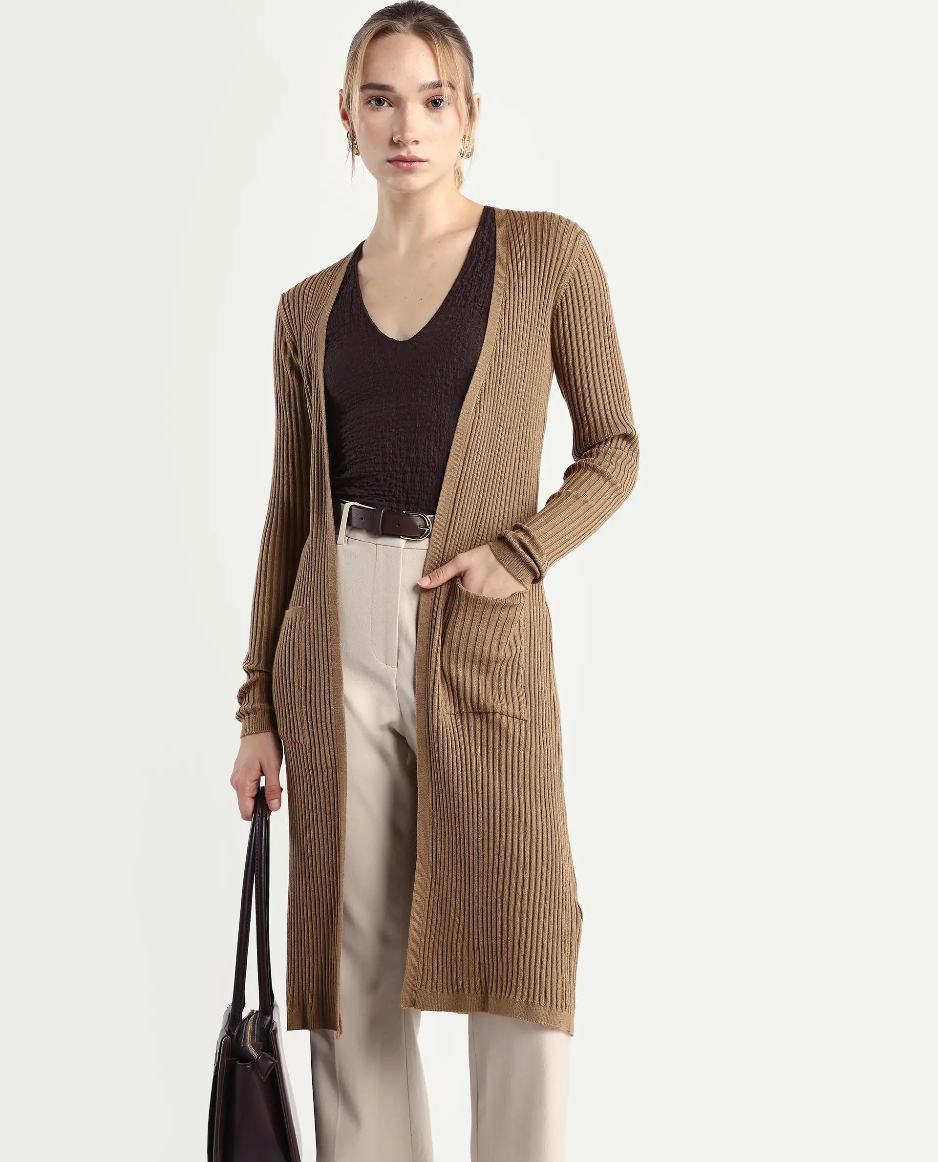 Rareism Women's Joji Dark Beige Acrylic Collarless Regular Fit Plain Shrug