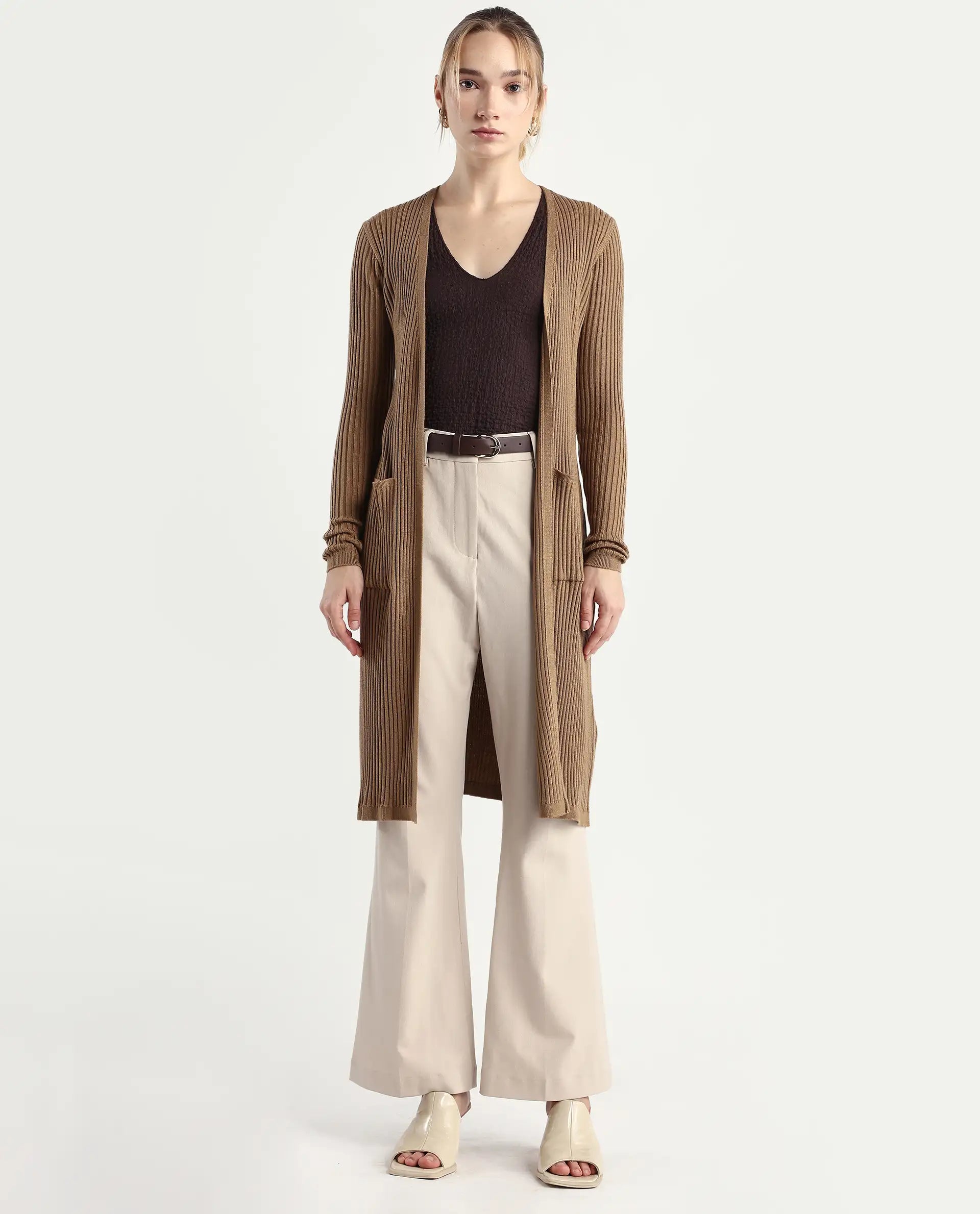Rareism Women's Joji Dark Beige Acrylic Collarless Regular Fit Plain Shrug