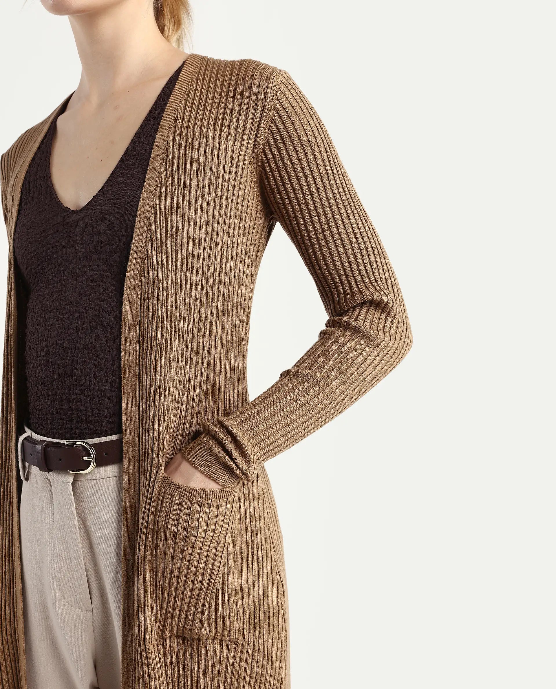 Rareism Women's Joji Dark Beige Acrylic Collarless Regular Fit Plain Shrug